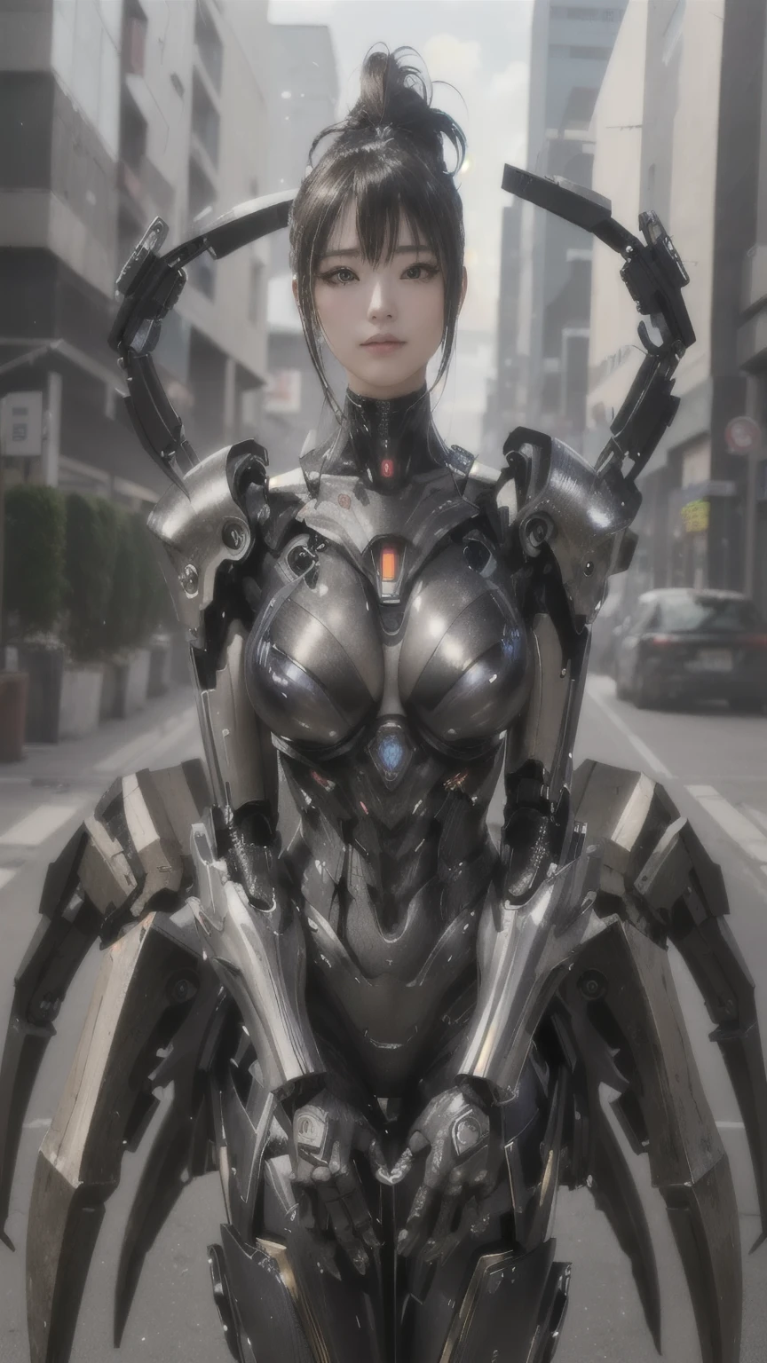 A woman in her fifties wearing a costume with a spider on her chest, perfect Anime Cyborg woman, Cyborg - Girl, Japanese Cyborg, Cyborg Girl, Girl wearing mecha cyber armor, 完璧なCyborg Woman, Cyborg Woman, Beautiful Caucasian girl cyborg, Female cyborg body, Beautiful girl cyborg, Perfect android girl, Intricate Cyborg Armor, Anime Cyborg、(masterpiece, Highest quality:1.2), (8K Ultra HD, 16K, 32k, Ultra-high resolution), (Realistic:1.37), (RAW Photos), Ultimately realistic, Ultimately realistic details, Ultimately realistic texture, Ultimate in exquisite detail, Ultimately realistic lighting, Ultimately realistic shadow, Scorpion robot, Extremely intricate details, Lighting to highlight the machine