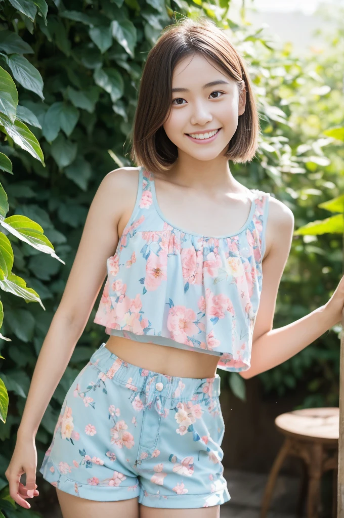 (Full body),(Light blue tank tops, croptop), Lens 135mm f1.8, (Best Quality),(Raw photo), (masutepiece:1.1), (Beautiful 16 year old Japan girl), cute face,Dappled sunlight, Dramatic Lighting、(Pink floral shorts),(beautiful thigh),Medium Hair, (Smile),(Sparkling eyes)、