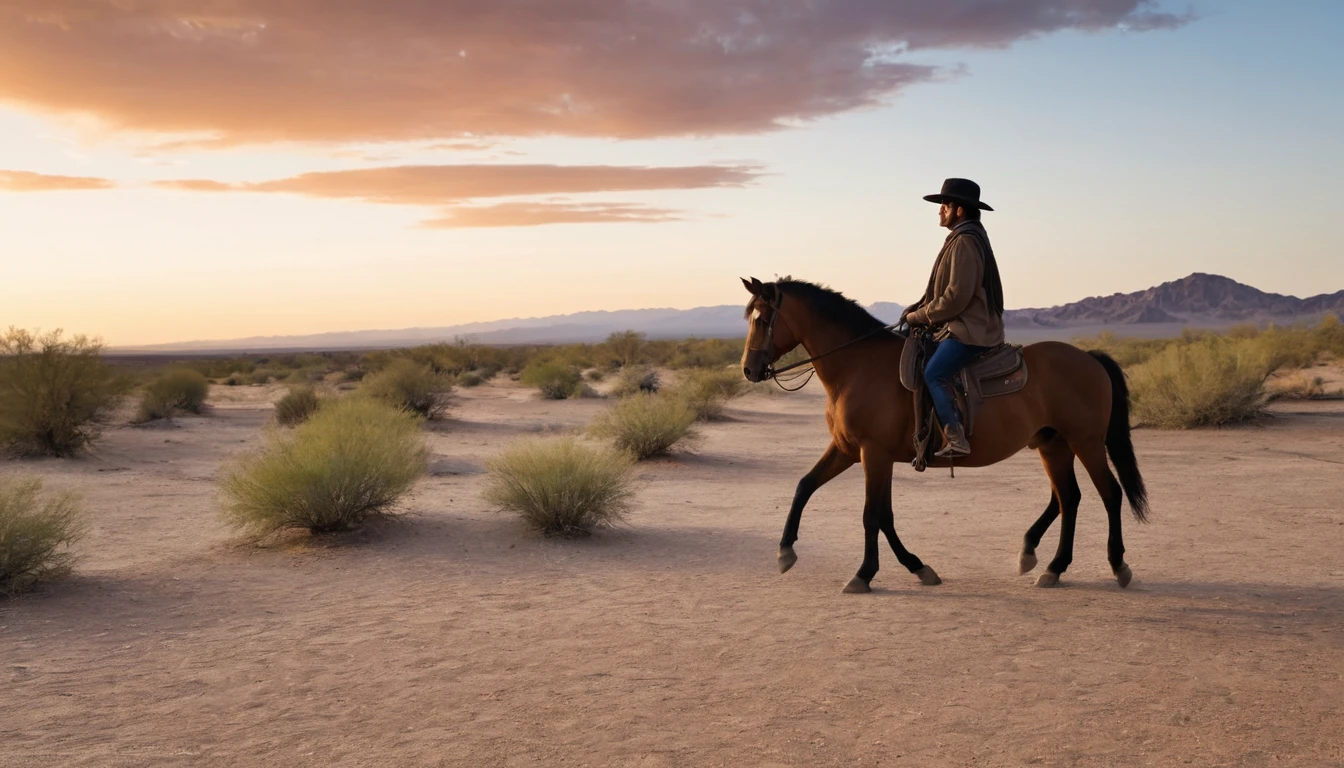 Show a solitary rider on horseback, walking on a desert hill at sunset.
- The rider should be dressed in simple, traditional clothes, and mounted on a sturdy horse.
- The hill should have a sandy and rugged texture, typical of a desert.
- The sky should be partly cloudy, with scattered clouds reflecting the colors of the sunset.
- The sunset light should be soft#FFA500 e #FF4500, creating a golden effect that dramatically illuminates the scene.
- Include a warm color palette with shades of orange, yellow, and brown, mixed with the soft blue of the sky.
- The composition should emphasize the vastness of the desert, with the rider appearing small in comparison to the landscape.
- Capture an atmosphere of tranquility and solitude, with a sense of gentle movement, as if the horse is walking slowly.
- The image should have a cinematic style, with attention to detail in lighting and shadows to create a realistic effect.
- Do not include green or lush vegetation.
- Avoid adding any modern human structures like buildings or roads.
- Do not use cool colors like blue predominantly in the image.
- Do not include more characters or figures, keep the focus on the solitary rider.
- Avoid a fully cloudy or rainy sky.
- Do not add additional creatures or animals in the scene.
- Do not use a cartoonish or simplified style, maintain realism and detail.pantones  #CEDBE1#D3B9AO#73503C#A6826D#261B17.
