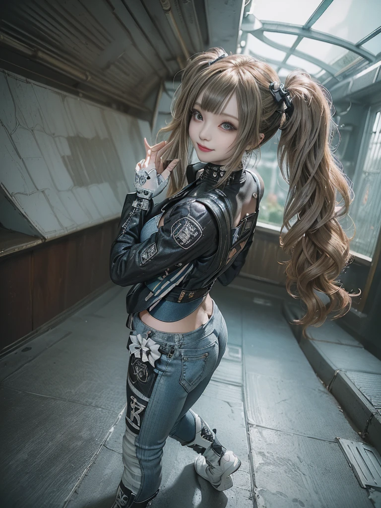 (Full Body View:1.3)、(Back view:1.miling with teeth showing:1.3),(Shibuya Gal:1.5)、(Gothic Lolite fashion:1.5)、(Punk RockVisual Kei:1.5)、(Wearing a rhythmic gymnastics bodysuit with intricate details:1.4)、(Racing suit and pants with intricate decorations in white, denim and charcoal:1.5)、(Denim and light blue and white boots:1.3)、((belt))、(Numerous delicate logo marks all over the costume:1.4)、(collar:1.3)、(Stripedrwear:1.5)、20-year-old、NSFW、((Highest quality、In 8K、masterpiece:1.3))、Sharp focus:Layered Cut、Huge boobs:1.1),Beautiful with perfect figure:1.4、(Doing an aerobics pose:1.3)、Slender Abs:1.2、Highly iled face and skin texture、Detailed eyes、double eyelid,(Twin tails:1.3)、(Brown-golden hair:1.3)、Gravure idol、(The background is a beautiful underground water palace:1.3)、(Slim body:1.3),(Make your thinner:1.4),(Thin thighs:1.1)、(clavicle:1.1)