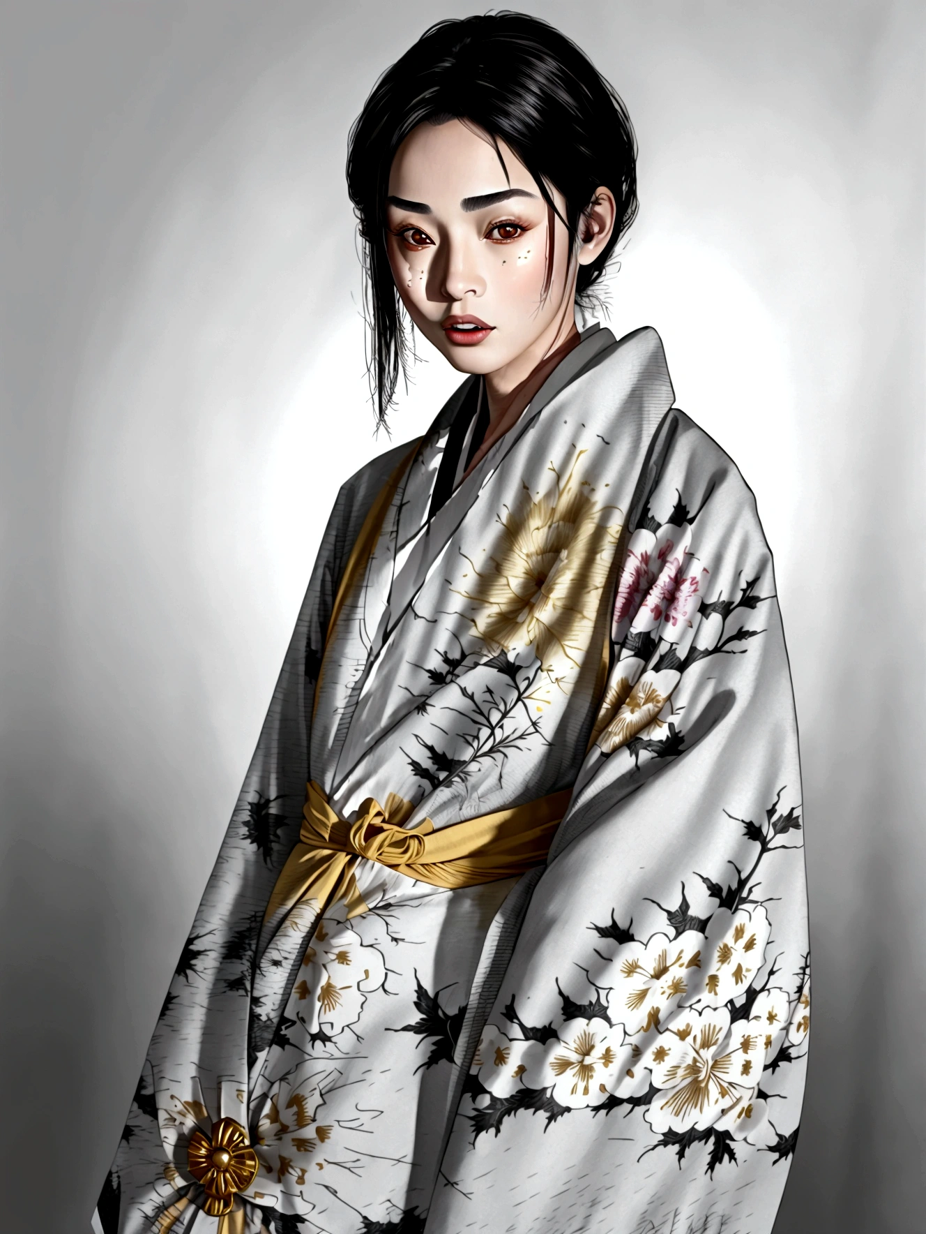 ((Top Quality, 8K, Masterpiece: 1.3)), Sharp Focus: 1.2, (Super Beautiful Face: 1.0), (Glossy Skin: 1.0), Realistic Photos, Black Hair, Realistic Pupils, Movie Lighting, Highly Detailed Eyes and Face, Movie Lighting,  (Cowboy Shot: 1.0),  (kimono, hakama, obi: 1.15),　(Korean Cute Actress), in nature, classic kimono,