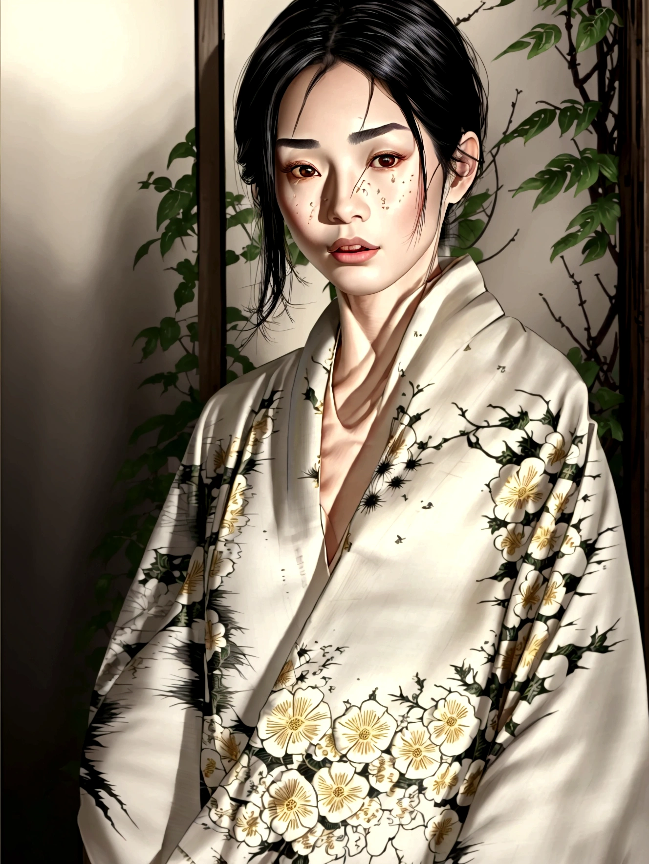 ((Top Quality, 8K, Masterpiece: 1.3)), Sharp Focus: 1.2, (Super Beautiful Face: 1.0), (Glossy Skin: 1.0), Realistic Photos, Black Hair, Realistic Pupils, Movie Lighting, Highly Detailed Eyes and Face, Movie Lighting,  (Cowboy Shot: 1.0),  (kimono, hakama, obi: 1.15),　(Korean Cute Actress), in nature, classic kimono,