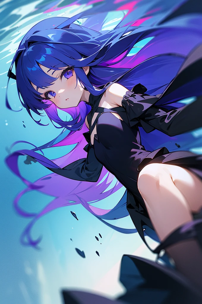 8K High Resolution、beautiful girl、Purple color、Long Hair、Bright blue hair、The bottom of the sea、dark、deep、Black Dress、Less exposure、In the water、depth、dark空間、Deep Sea Girl