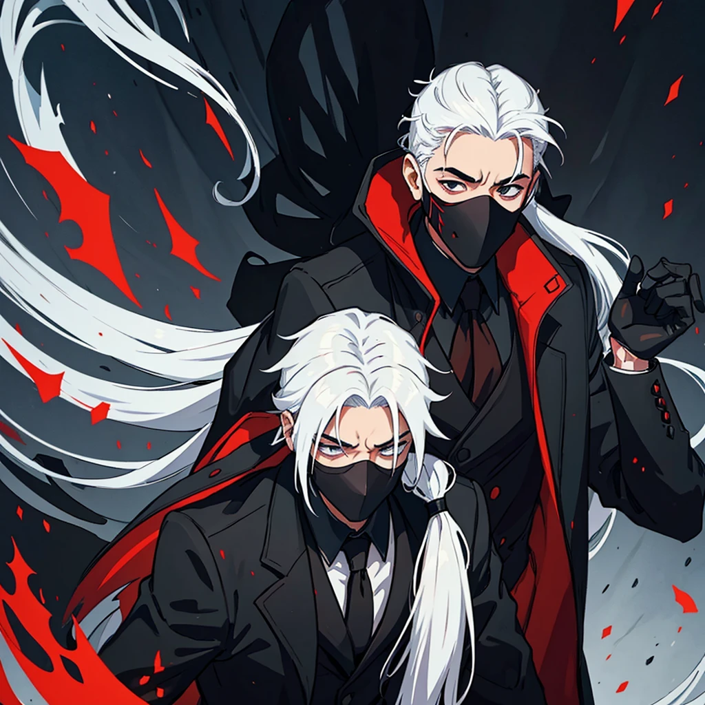 1 young man with white hair with long ponytail wearing a black suit with red interior using a all Black mask covering all the face no eyes An art for an RPG