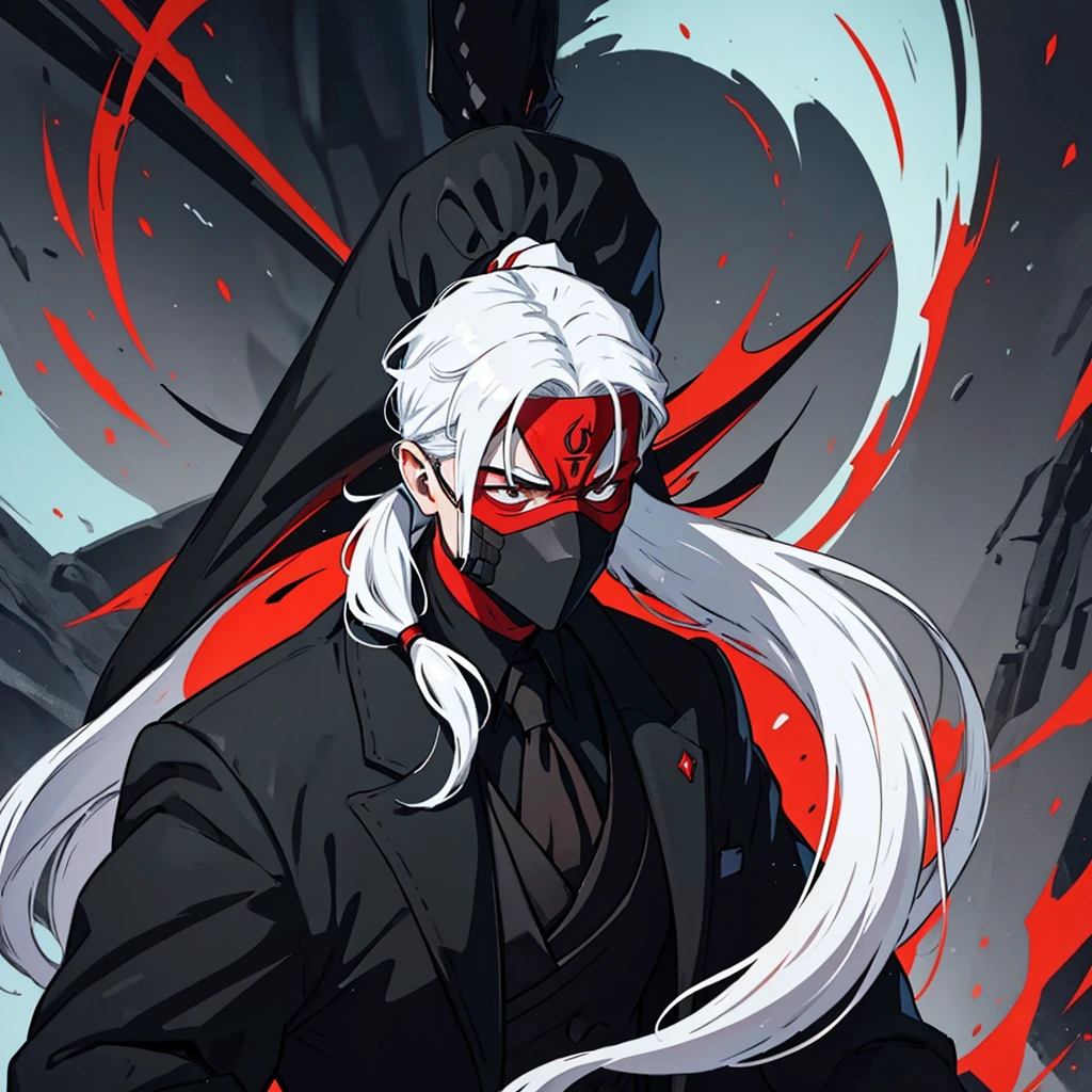 ung man with white hair with long ponytail wearing a black suit with red interior using a all Black mask covering all the face no eyes An art for an RPG