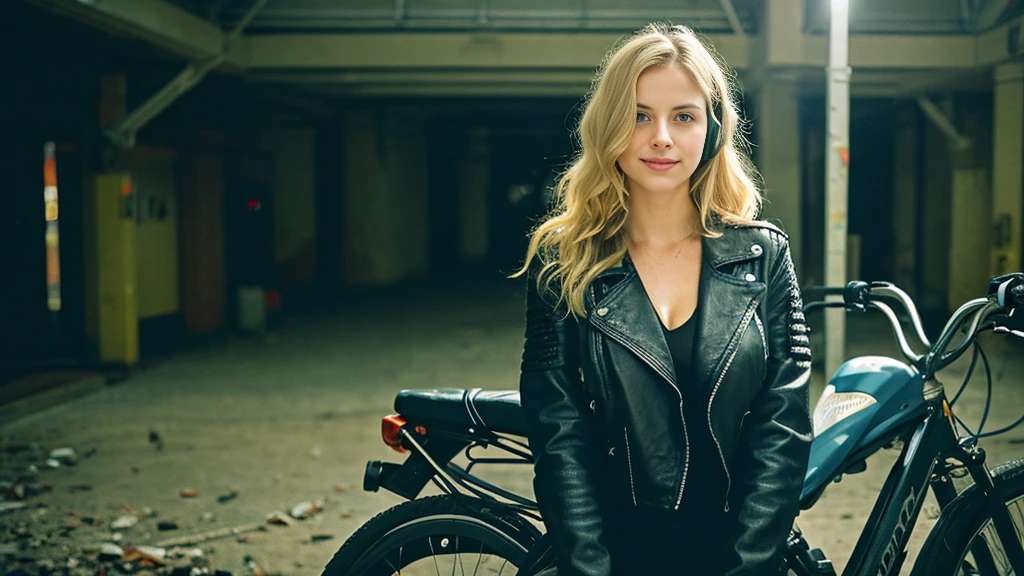 Beautiful blonde with big breasts in a biker jacket (Sitting on a big bike in a dark abandoned building),Wearing headphones,Very detailed, 21 years old, Innocent face, Naturally Wavy Hair, blue eyes, High resolution, masterpiece, Highest quality, Intricate details, Very detailed, Clear focus, Delicate skin, practical skin texture, texture, Delicate eyes, Professional, 4K, Cute Smile, Shot with Canon, 85mm, Shallow and deep, Kodak Vision Color, Exactly, Very detailed, photograph_\(Extremist\), photographpractical, practical, Post-processing, Maximum details, Roughness, Real Life, Extremist practical, Photorealism, photographgraphy, 8K Ultra HD, photographgraphy
