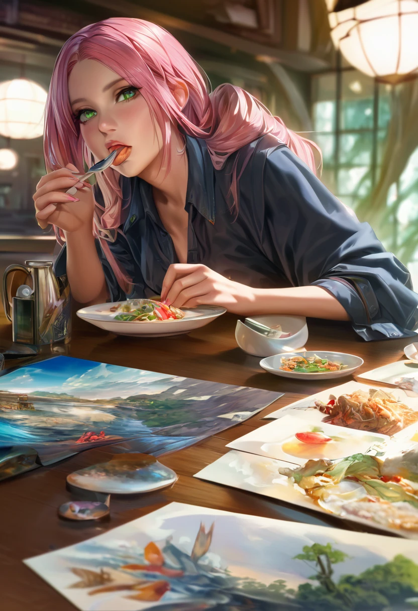 beautiful detailed eyes, beautiful detailed lips, extremely detailed eyes and face, long eyelashes, 1girl, kitsune, pink hair, green eyes, sitting at a table, eating, fantastical environment, best quality, 4k, 8k, highres, masterpiece:1.2, ultra-detailed, realistic, photorealistic, photo-realistic:1.37, HDR, UHD, studio lighting, ultra-fine painting, sharp focus, physically-based rendering, extreme detail description, professional, vivid colors, bokeh, fantasy art