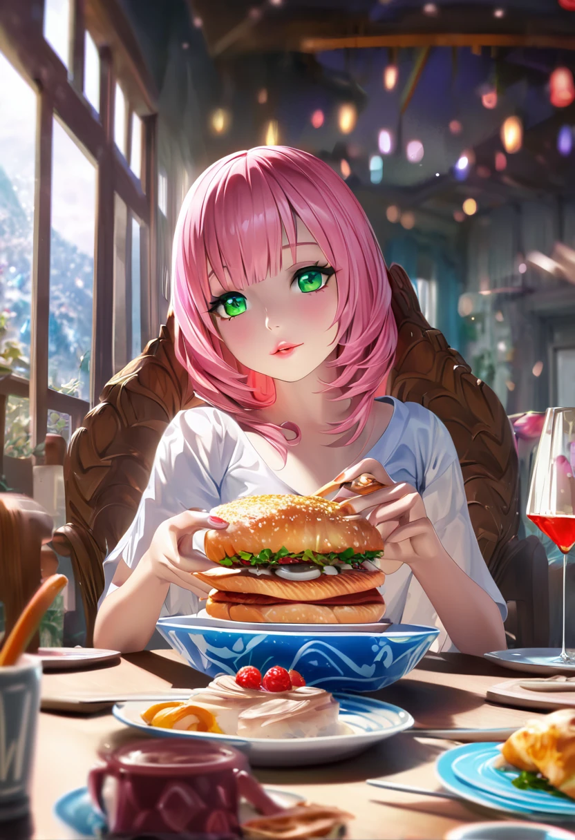 beautiful detailed eyes, beautiful detailed lips, extremely detailed eyes and face, long eyelashes, 1girl, kitsune, pink hair, green eyes, sitting at a table, eating, fantastical environment, best quality, 4k, 8k, highres, masterpiece:1.2, ultra-detailed, realistic, photorealistic, photo-realistic:1.37, HDR, UHD, studio lighting, ultra-fine painting, sharp focus, physically-based rendering, extreme detail description, professional, vivid colors, bokeh, fantasy art
