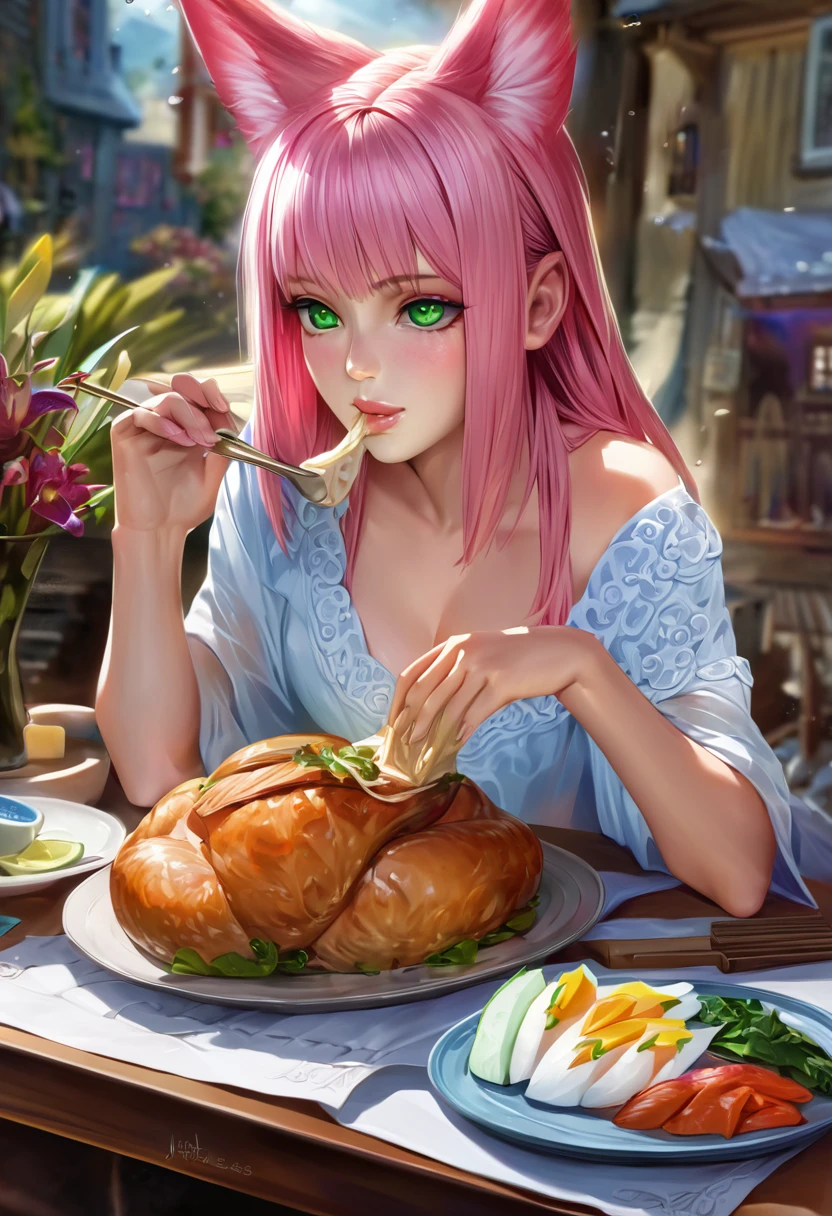 beautiful detailed eyes, beautiful detailed lips, extremely detailed eyes and face, long eyelashes, 1girl, kitsune, pink hair, green eyes, sitting at a table, eating, fantastical environment, best quality, 4k, 8k, highres, masterpiece:1.2, ultra-detailed, realistic, photorealistic, photo-realistic:1.37, HDR, UHD, studio lighting, ultra-fine painting, sharp focus, physically-based rendering, extreme detail description, professional, vivid colors, bokeh, fantasy art