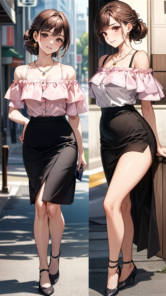 (masterpiece:1.3, Highest quality, Ultra-high resolution：1.2, Super detailed、8K), (Realistic, photoRealistic:1.4), Beautiful illustrations, Perfect lighting, colorful, Depth of written boundary, Beautiful detailed hair, Beautifully detailed face, Beautiful fine details, Droopy eyes、Beautiful clavicle, Beautiful body, 美しいLarge Breasts, Beautiful thighs, Beautiful feet, Beautiful fingers, View Viewer、Front view:0.6, Beauty1人, Japanese, Beauty、30 years old, Perfect Face, (Perfect Anatomy, Anatomically correct), Cute and symmetrical face, Baby Face, , Shiny skin,(Pink off-shoulder blouse:1.4), ((skirt、デニムskirt:1.5))  、(pumps:1.3)、(Dark brown hair, Updo Hair:1.4), braided bangs、Dark brown eyes, (Large Breasts, Slim body), necklace, Small earrings:1.1, (Beautiful views), (noon),  Shopping mall、Are standing、 A soft smile、(Smile, Lips parted),