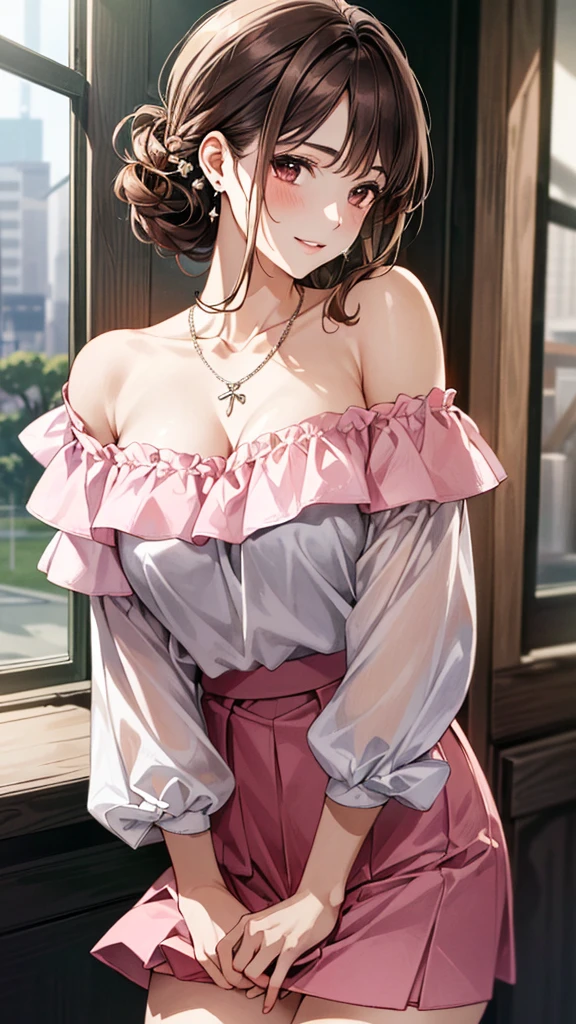(masterpiece:1.3, Highest quality, Ultra-high resolution：1.2, Super detailed、8K), (Realistic, photoRealistic:1.4), Beautiful illustrations, Perfect lighting, colorful, Depth of written boundary, Beautiful detailed hair, Beautifully detailed face, Beautiful fine details, Droopy eyes、Beautiful clavicle, Beautiful body, 美しいLarge Breasts, Beautiful thighs, Beautiful feet, Beautiful fingers, View Viewer、Front view:0.6, Beauty1人, Japanese, Beauty、30 years old, Perfect Face, (Perfect Anatomy, Anatomically correct), Cute and symmetrical face, Baby Face, , Shiny skin,(Pink off-shoulder blouse:1.4), ((skirt、デニムskirt:1.5))  、(pumps:1.3)、(Dark brown hair, Updo Hair:1.4), braided bangs、Dark brown eyes, (Large Breasts, Slim body), necklace, Small earrings:1.1, (Beautiful views), (noon),  Shopping mall、Are standing、 A soft smile、(Smile, Lips parted),