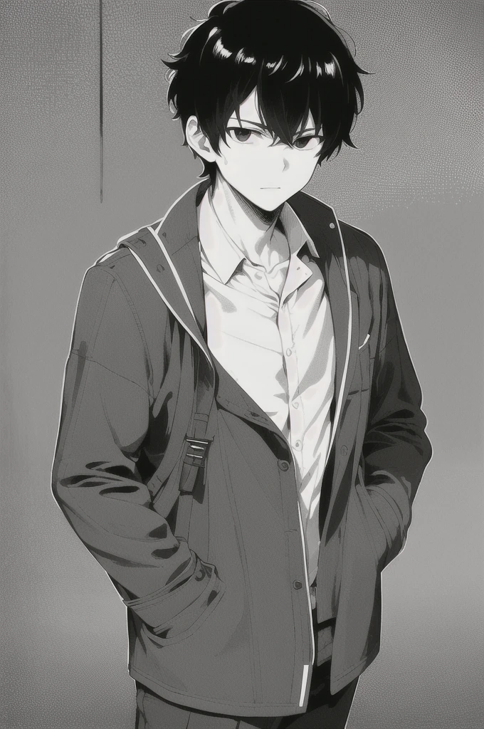 masterpiece, best quality, 1man, uniform, hand in pocket, school bag, black hair, black eyes, cyberpunk, street, monochrome, lineart
