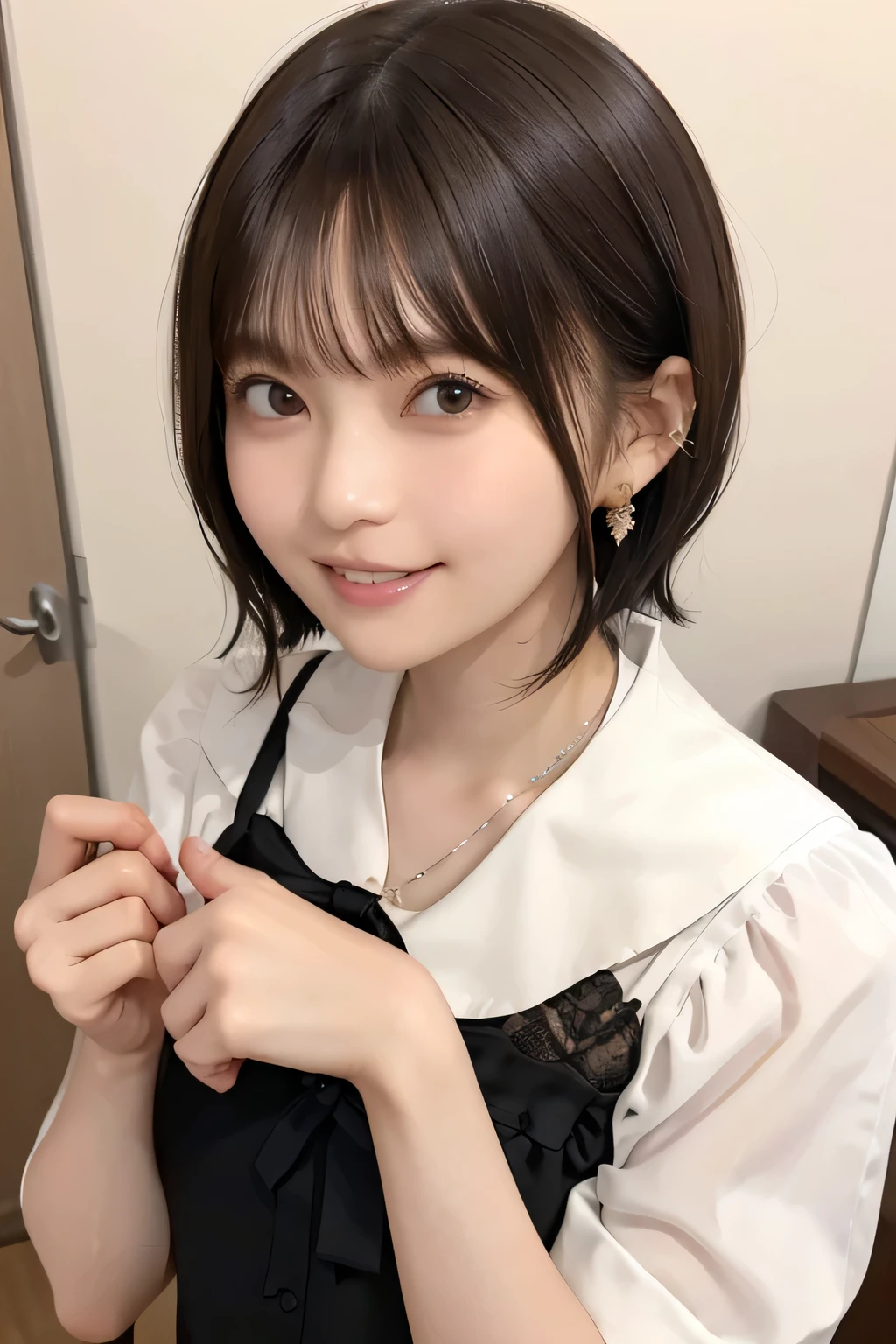 205  ((short hair)), 20-year-old female, Surrealism, Flower smile、Beautiful teeth alignment、Brown Hair首にネックレス、ear piercing、Dark brown hair、Full body description