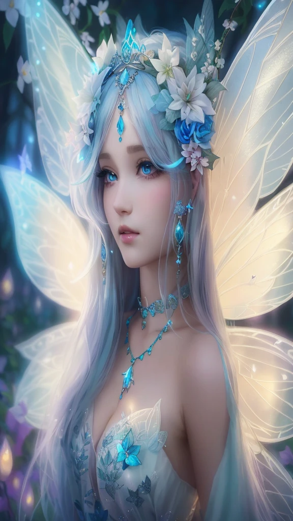 beautiful fairy, portrait of a fairy, Close-up of a girl with a flower crown on her head, white colored hair, white bangs, Cyan eyes, Neon blue dress, blue decorations, white wings, Beautiful glow, beautiful fantasy art, fantasy art style, beautiful fantasy art, digital fantasy art, portrait of a fairy, beautiful fairies, beautiful fairy, 8k high quality detailed art, As the Fairy Queen, Fairytale aesthetics
