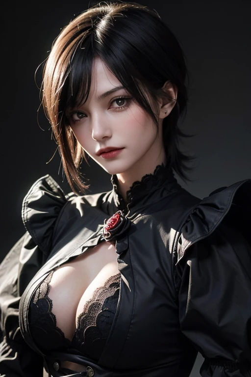 absurderes, masutepiece, Best Quality, nffsw, 1girl in, Mature Woman, (Sharp Focus), Villain's smile, medium breasts, (Hair on long black background), (grey eyes), (Detailed eyes), Gothic lace costumes, Black and Red theme, Realism, Black_castle, Ultra-detailed, Vivid, Intricate details, Photorealistic