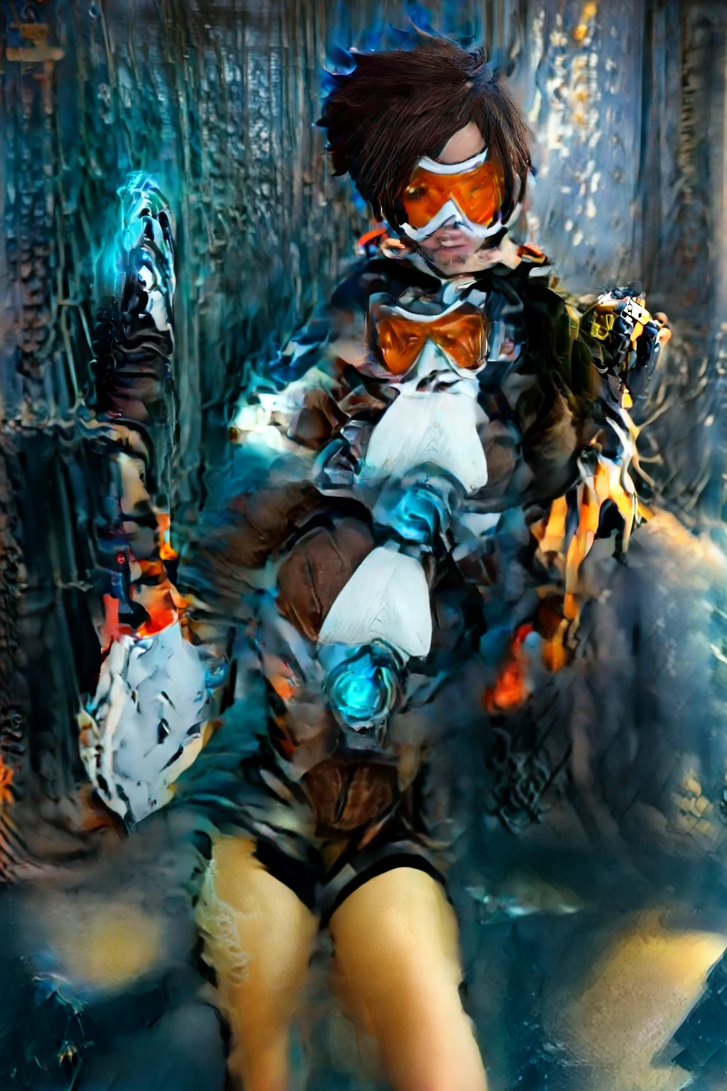 cinematic photo a woman with an orange glassmask holding guns in a futuristic cyberpunk background, neon lights, combat pose, Tracer1024, (8k uhd, masterpiece, best quality, high quality, absurdres, ultra-detailed), ((detailed hands)), easynegative, FastNegativeV2, ca21mv6-235, realistic eyes, ObsidianGold, perfecteyes, beautiful eyes, full body view