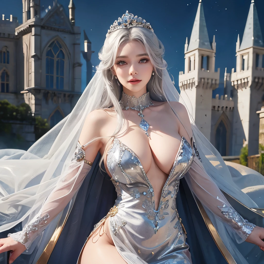Girl, transparent, see through, silver and gold dress, topless, silver hair, tiara, glove, chokes, silver long sleeves, silver veils, ear wear, detailed hand, oval face, smile, picture form top to knee, sexy pose, extra large breasts, look at camera, camera from top, detailed, night, castle background, photorealistic, best quality