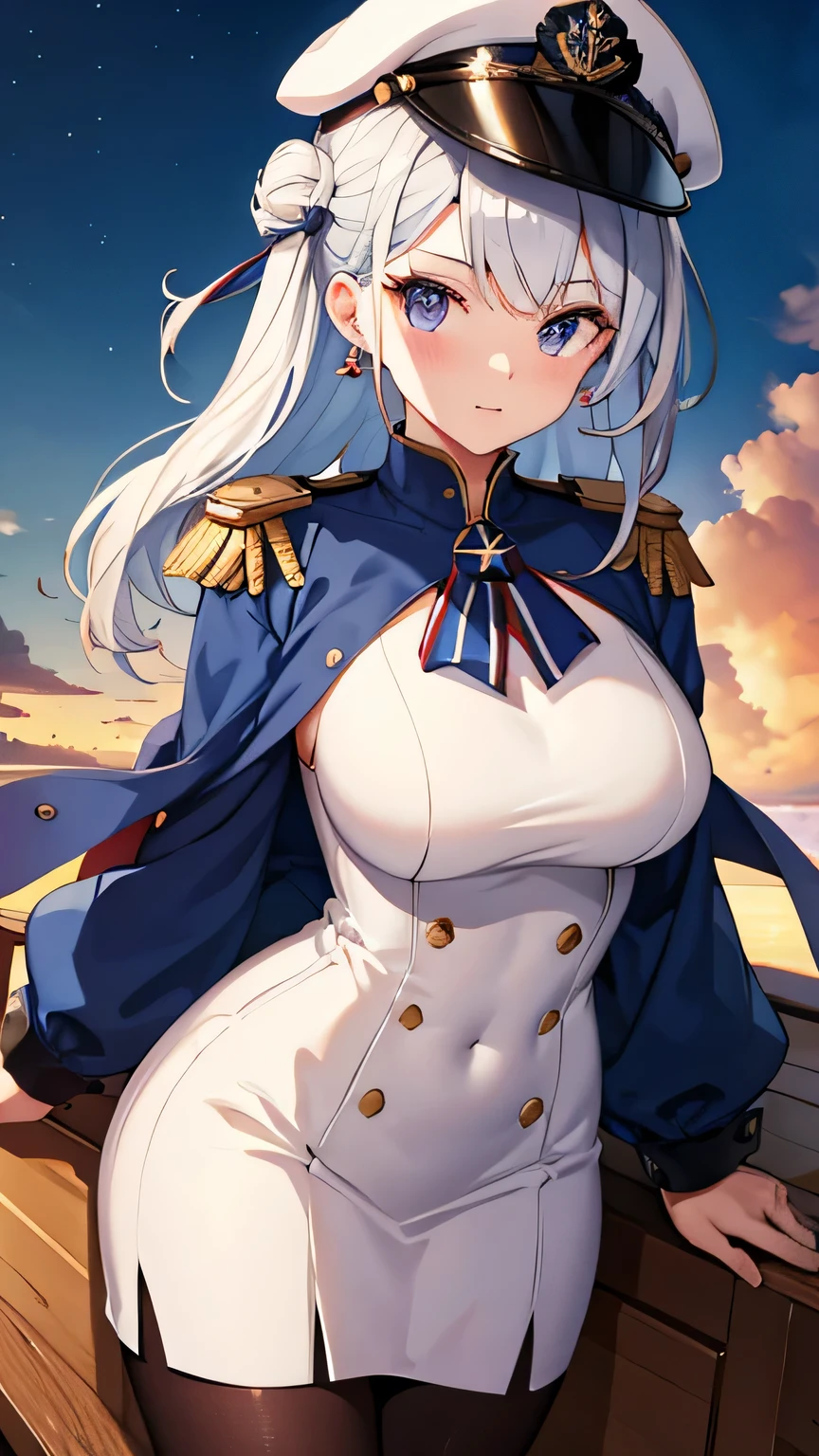 Royal Navy, Horatio Nelson, Admiral, on board, warship, clear skies, aboard a warship at sea, commander, naval uniform, blonde hair, hair bun, beautiful lady, raised eyebrows, upturned eyes, earrings, cinematic lighting, pov, ((masterpiece)), (super detail), perfect face, high detailed eyes, textured skin, high quality, highres, Viscount, Medal, British Navy Cap