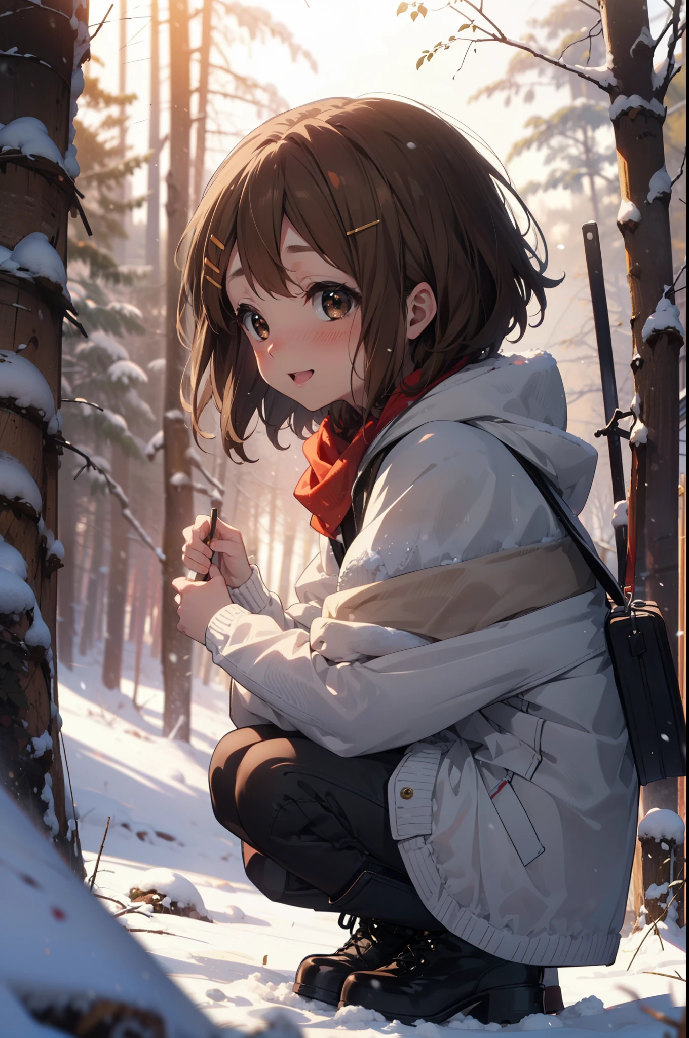 yuihirasawa, Yui Hirasawa, short hair, Brown Hair, hair ornaments, (Brown eyes:1.5), Hair Clip、smile,smile,blush,White Breath,
Open your mouth,snow,Ground bonfire,, Outdoor, boots, snowing, From the side, wood, suitcase, Cape, Blurred, , forest, White handbag, nature,  Squat, Mouth closed, Cape, winter, Written boundary depth, Black shoes, red Cape break looking at viewer, Upper Body, whole body, break Outdoor, forest, nature, break (masterpiece:1.2), Highest quality, High resolution, unity 8k wallpaper, (shape:0.8), (Beautiful and beautiful eyes:1.6), Highly detailed face, Perfect lighting, Highly detailed CG, (Perfect hands, Perfect ???????),
