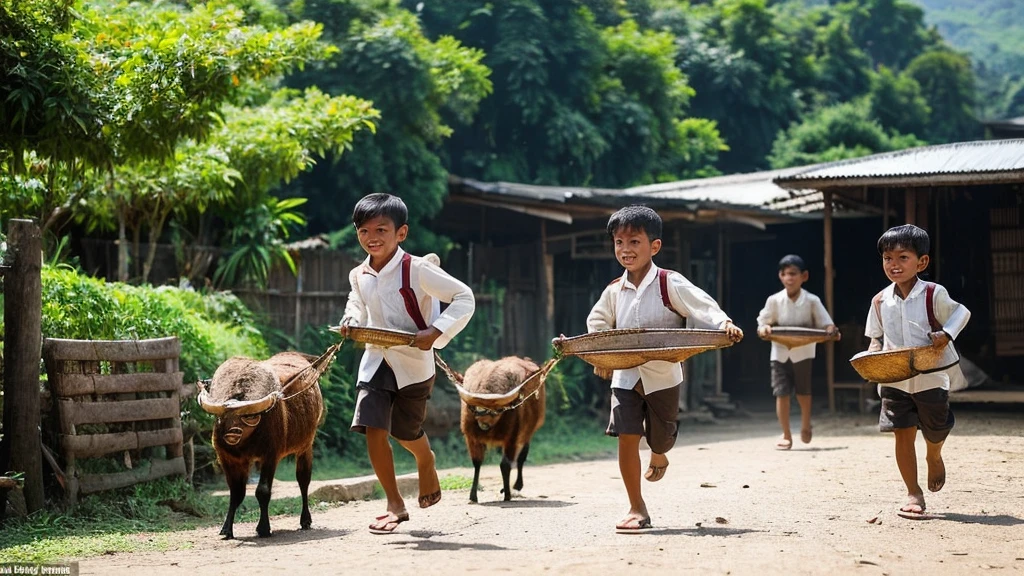 some Indonesian boys aged 3 years, running carrying a large sized mutton, it is very visible on their faces carrying heavy meat, which will be distributed to the citizens, countryside, on the day of Eid al Adha