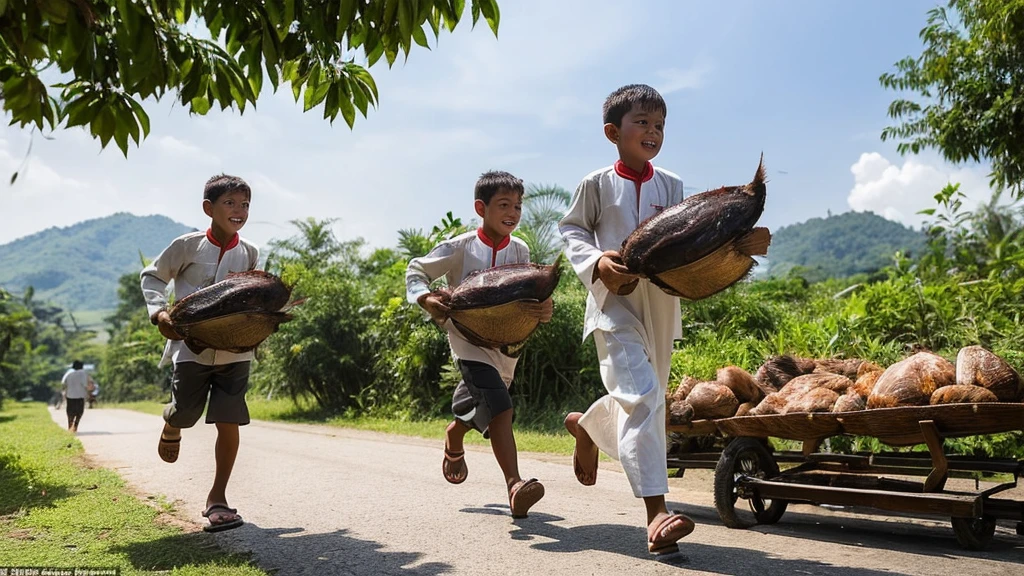 some Indonesian boys aged 3 years, running carrying a large sized mutton, it is very visible on their faces carrying heavy meat, which will be distributed to the citizens, countryside, on the day of Eid al Adha