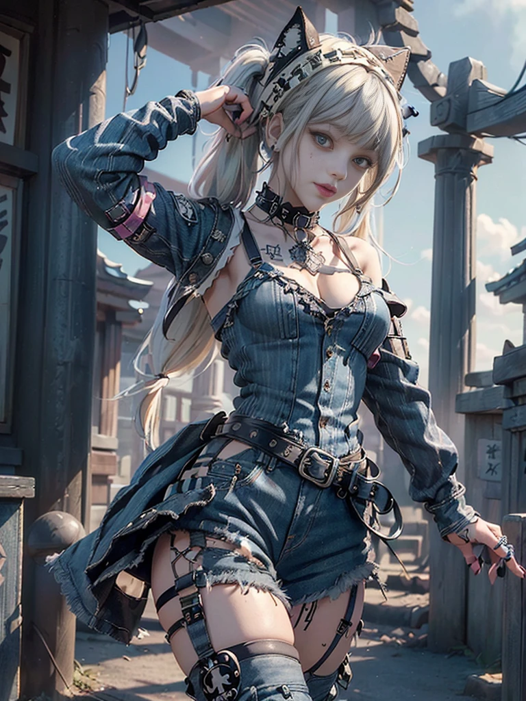 (Full Body View:1.3)、(Beautiful lips and nose:1.4)、(Long eyelashes:1.4)、(Side view:1.1)、(Smiling with teeth showing:1.3),(Shibuya Gal:1.5)、(Gothic ta delicately decorated dress:1.5)、(Tattered denim and black punk rock cargo pants:1.5)、(Denim and black navy skull mark small jacket:1.4)、(denim garter belt:1.5)、(Black and denim knee socks:1.3)、(Skull Silver Accessories:1.5)、(Denim collar:1.3)、(Brown Skin Belt:1.4)、(Brown boots:1.2)、(The underwear is striped:1.4)、31 years old、((Highest quality、In 8K、masterpiece:1.3))、Sharp focus:1.2、(Layered Cut、Huge boobs:1.1),Beautiful woman with perfect figure:1.4、(Dancing vigorously:1.3)、Slender Abs:1.2、Highly detailed face and skin texture、Detailed eyes、double eyelid,(Twin tails:1.3)、(Cream colored hair:1.3)、Gravure idol、(The background is a gorgeous temple in the sky:1.3)、(Slim body:1.2),(Make your legs thinner:1.4),(clavicle:1.1)
