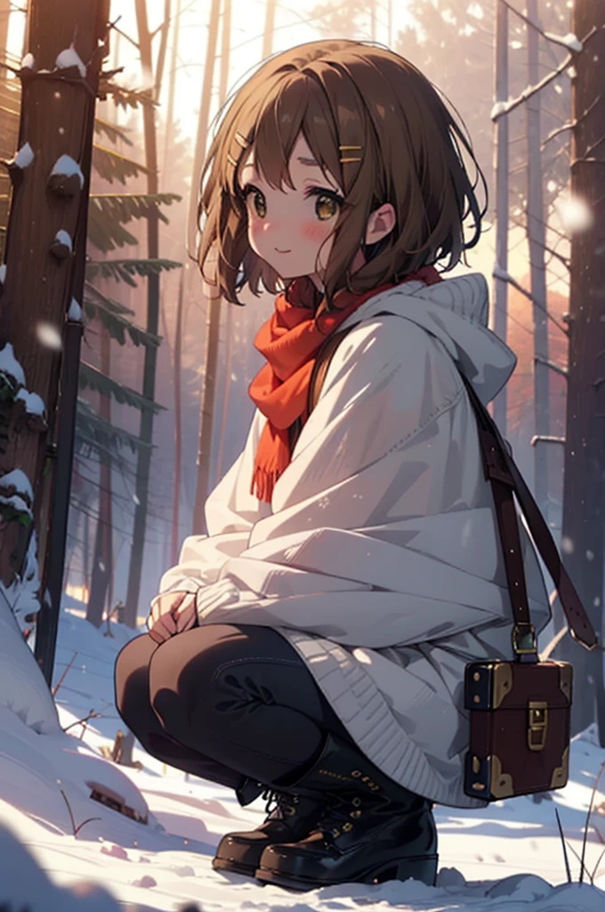 yuihirasawa, Yui Hirasawa, short hair, Brown Hair, hair ornaments, (Brown eyes:1.5), Hair Clip、smile,smile,blush,White Breath,
Open your mouth,snow,Ground bonfire,, Outdoor, boots, snowing, From the side, wood, suitcase, Cape, Blurred, , forest, White handbag, nature,  Squat, Mouth closed, Cape, winter, Written boundary depth, Black shoes, red Cape break looking at viewer, Upper Body, whole body, break Outdoor, forest, nature, break (masterpiece:1.2), Highest quality, High resolution, unity 8k wallpaper, (shape:0.8), (Beautiful and beautiful eyes:1.6), Highly detailed face, Perfect lighting, Highly detailed CG, (Perfect hands, Perfect Anatomy),