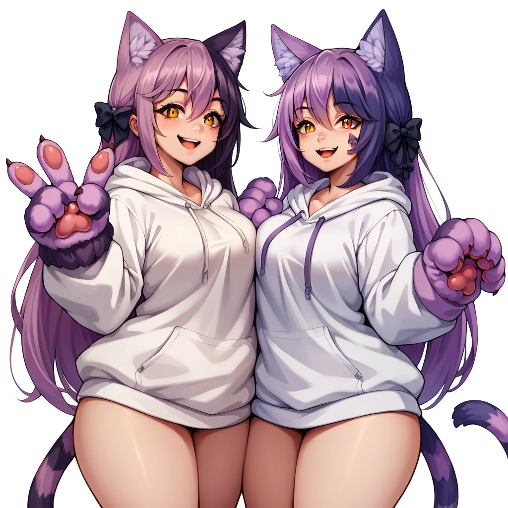 score_9, score_8_up, source_anime, CheshireMGE, two-tone hair, long hair, hair bow, cat paws, facial mark, striped tail standing straight symmetrical on bed, smile, open mouth, white hoodie, long sleeves, oversized hoodie, bottomless, thick thighs, v, simple background, white background, 