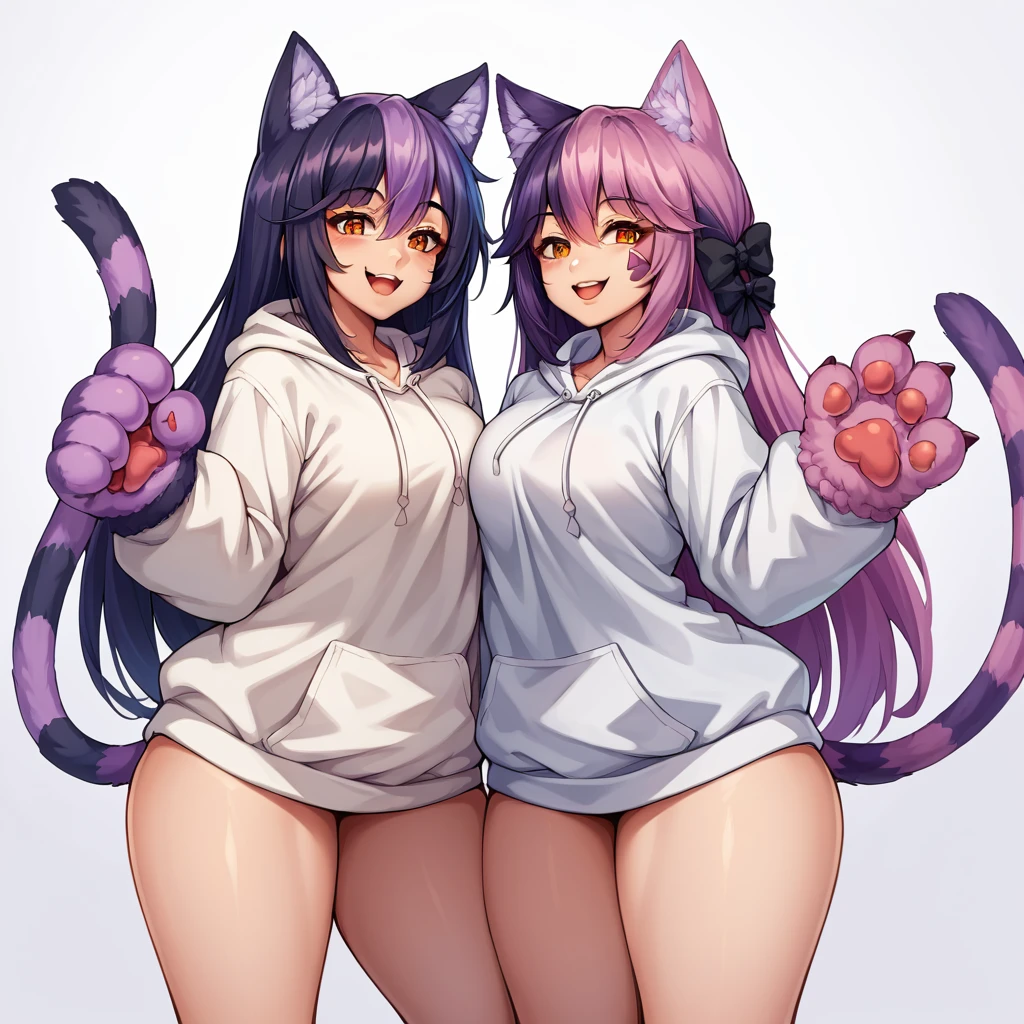 score_9, score_8_up, source_anime, CheshireMGE, two-tone hair, long hair, hair bow, cat paws, facial mark, striped tail standing straight symmetrical on bed, smile, open mouth, white hoodie, long sleeves, oversized hoodie, bottomless, thick thighs, v, simple background, white background, 