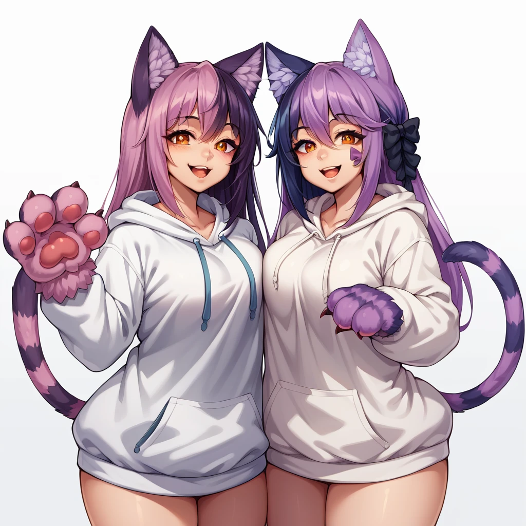 score_9, score_8_up, source_anime, CheshireMGE, two-tone hair, long hair, hair bow, cat paws, facial mark, striped tail standing straight symmetrical on bed, smile, open mouth, white hoodie, long sleeves, oversized hoodie, bottomless, thick thighs, v, simple background, white background, 