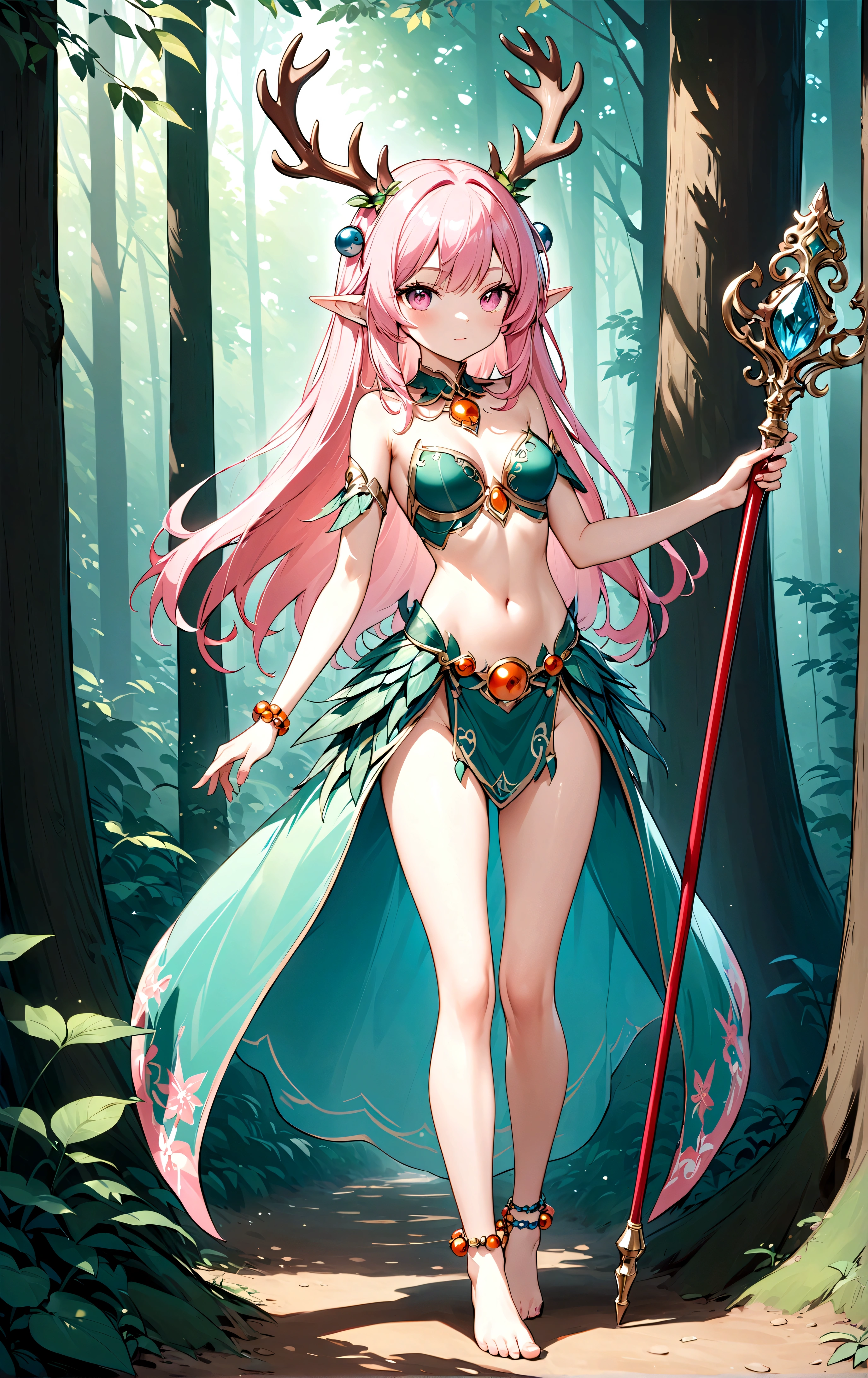 game character，Cartoon anime style，beautiful girl，Fluffy pink hair，Pink Eyes，antlers，Elf ears，Orange tulle short skirt，Metal gem-encrusted scepter，Slender legs，Standing barefoot，Bells on anklets。(((Correct human anatomy)))，In the forest