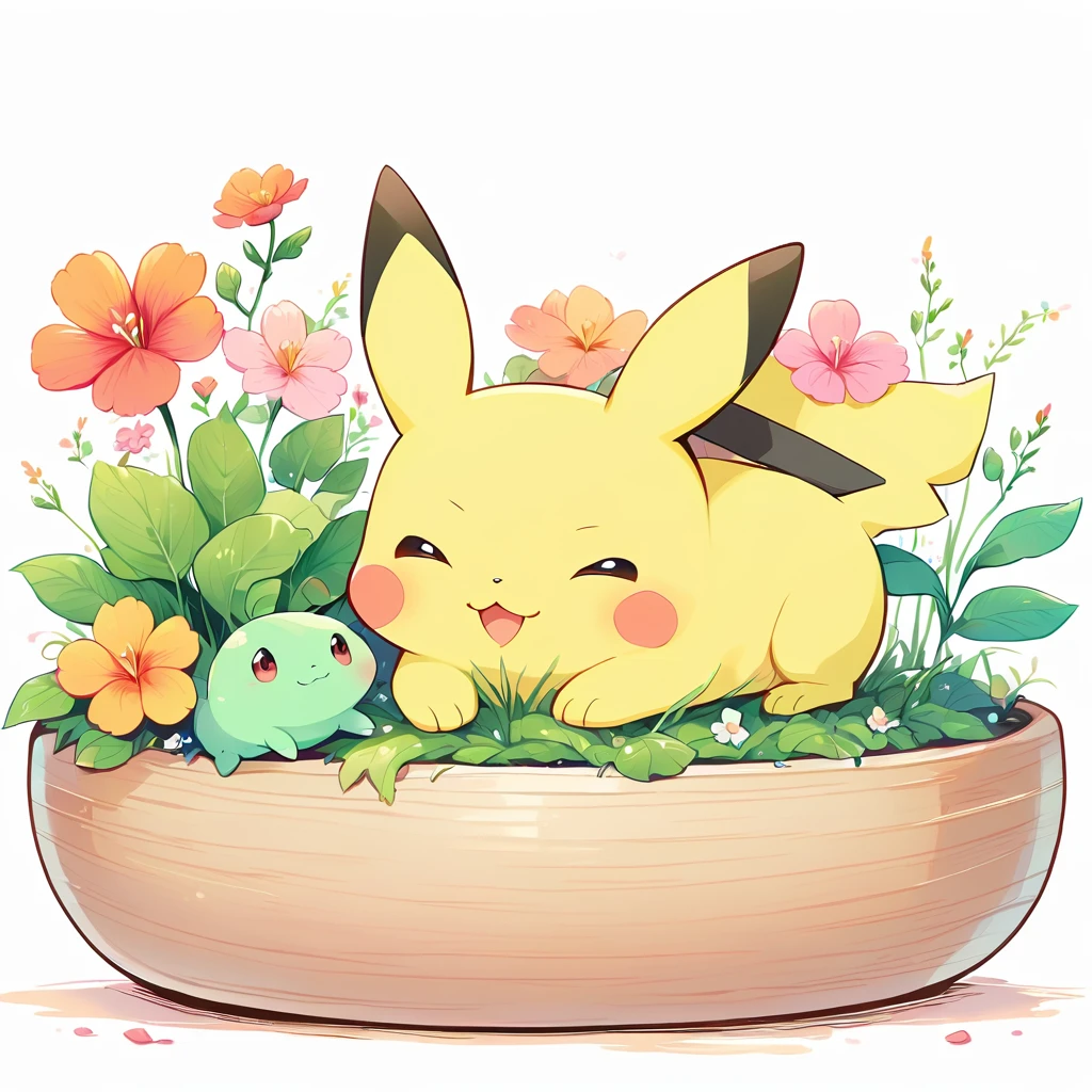 cozy scene featuring hanging planters with adorable Pokémon, adding elements of Pikachu. The planters should be filled with lush greenery and colorful flowers. Include Pikachu comfortably resting in one of the planters, alongside other Pokémon like Celebi and Snivy. Use soft pastel colors and whimsical details to enhance the charm. The background should have subtle stripes with shades of green and peach, maintaining a warm and inviting atmosphere