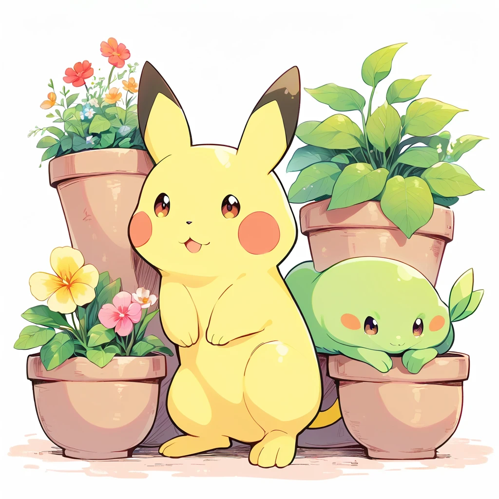 cozy scene featuring hanging planters with adorable Pokémon, adding elements of Pikachu. The planters should be filled with lush greenery and colorful flowers. Include Pikachu comfortably resting in one of the planters, alongside other Pokémon like Celebi and Snivy. Use soft pastel colors and whimsical details to enhance the charm. The background should have subtle stripes with shades of green and peach, maintaining a warm and inviting atmosphere