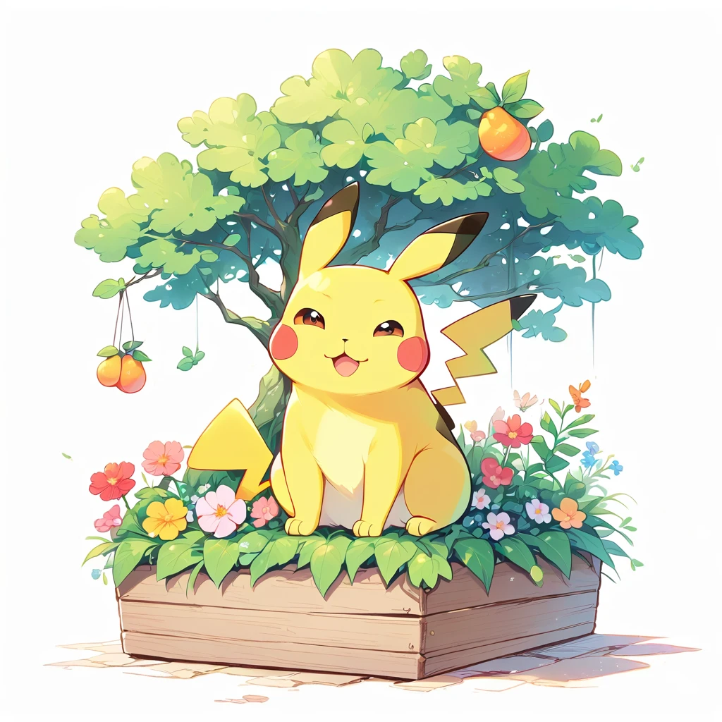 cozy scene featuring hanging planters with adorable Pokémon, adding elements of Pikachu. The planters should be filled with lush greenery and colorful flowers. Include Pikachu comfortably resting in one of the planters, alongside other Pokémon like Celebi and Snivy. Use soft pastel colors and whimsical details to enhance the charm. The background should have subtle stripes with shades of green and peach, maintaining a warm and inviting atmosphere