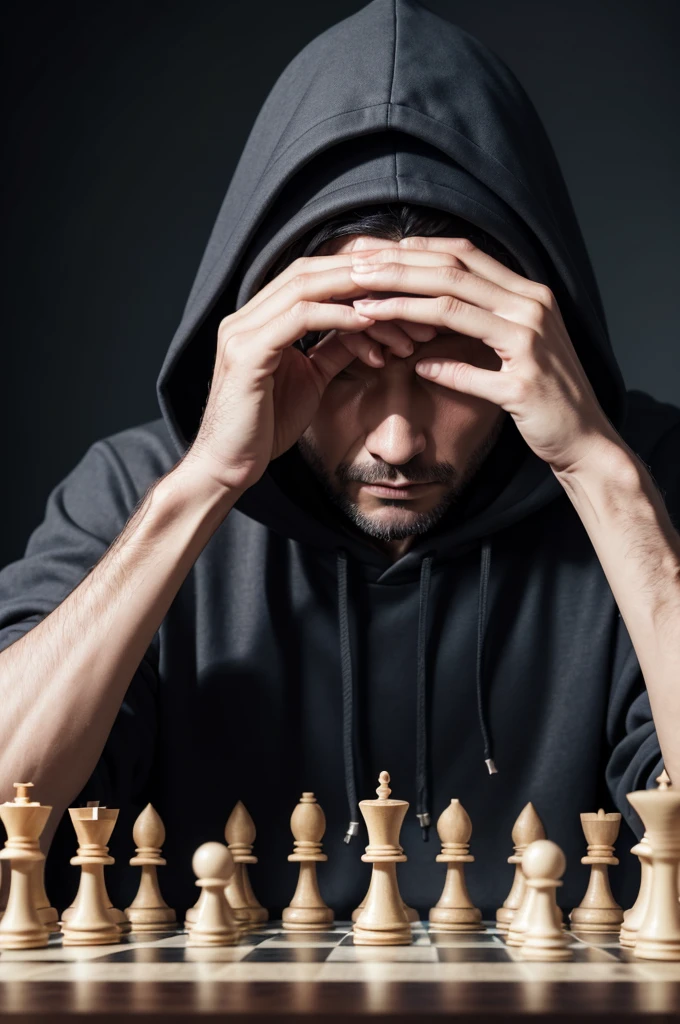 Man playing chess with hands on the table, fingers crossed, wearing a hood that completely covers the face. And a dark background
