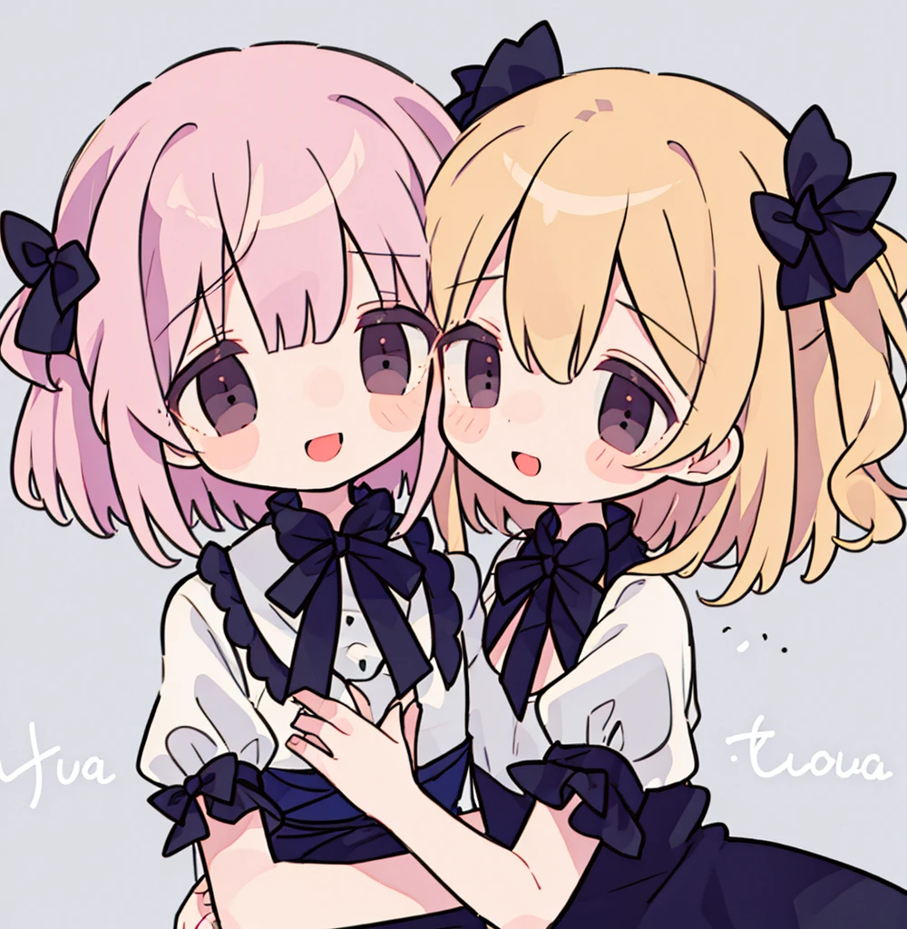 2girls pastel colors gradient flat chest hug kiss yuri lesbian gothic rose blonde silver hair gray eyes black eyes smile open mouth
