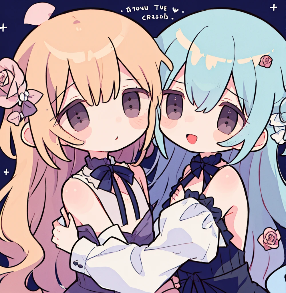 2girls pastel colors gradient flat chest hug kiss yuri lesbian gothic rose blonde silver hair gray eyes black eyes smile open mouth