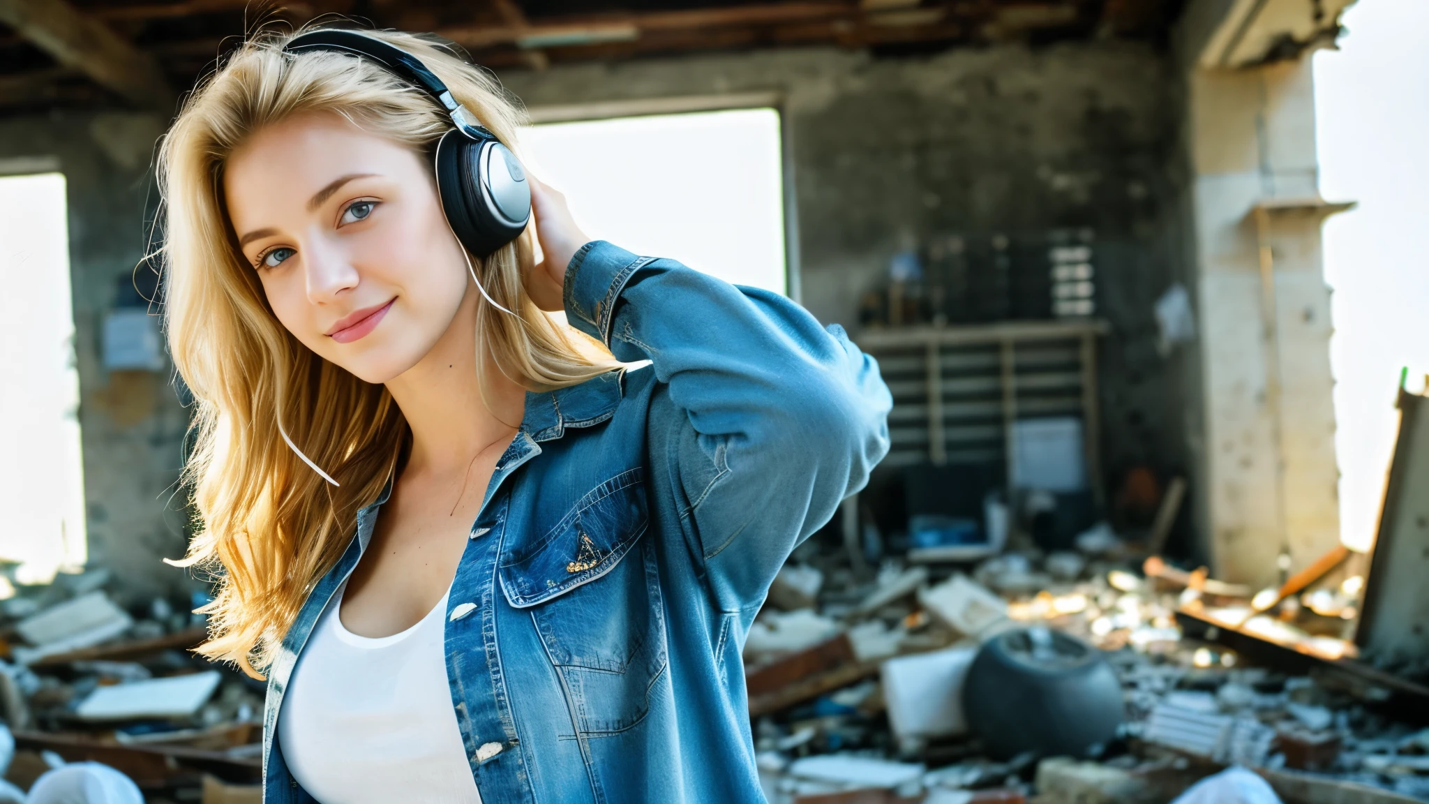 Beautiful blonde with big breasts in denim jeans and a ripped T-shirt (Standing in ruins),Wearing headphones,Very detailed, 21 years old, Innocent face, Naturally Wavy Hair, blue eyes, High resolution, masterpiece, Highest quality, Intricate details, Very detailed, Clear focus, Delicate skin, practical skin texture, texture, Delicate eyes, Professional, 4K, Cute Smile, Shot with Canon, 85mm, Shallow and deep,  Kodak Vision Color, Exactly, Very detailed, photograph_\(Extremist\), photographpractical, practical, Post-processing, Maximum details, Roughness, Real Life, Extremist practical, Photorealism, photographgraphy, 8K Ultra HD, photographgraphy