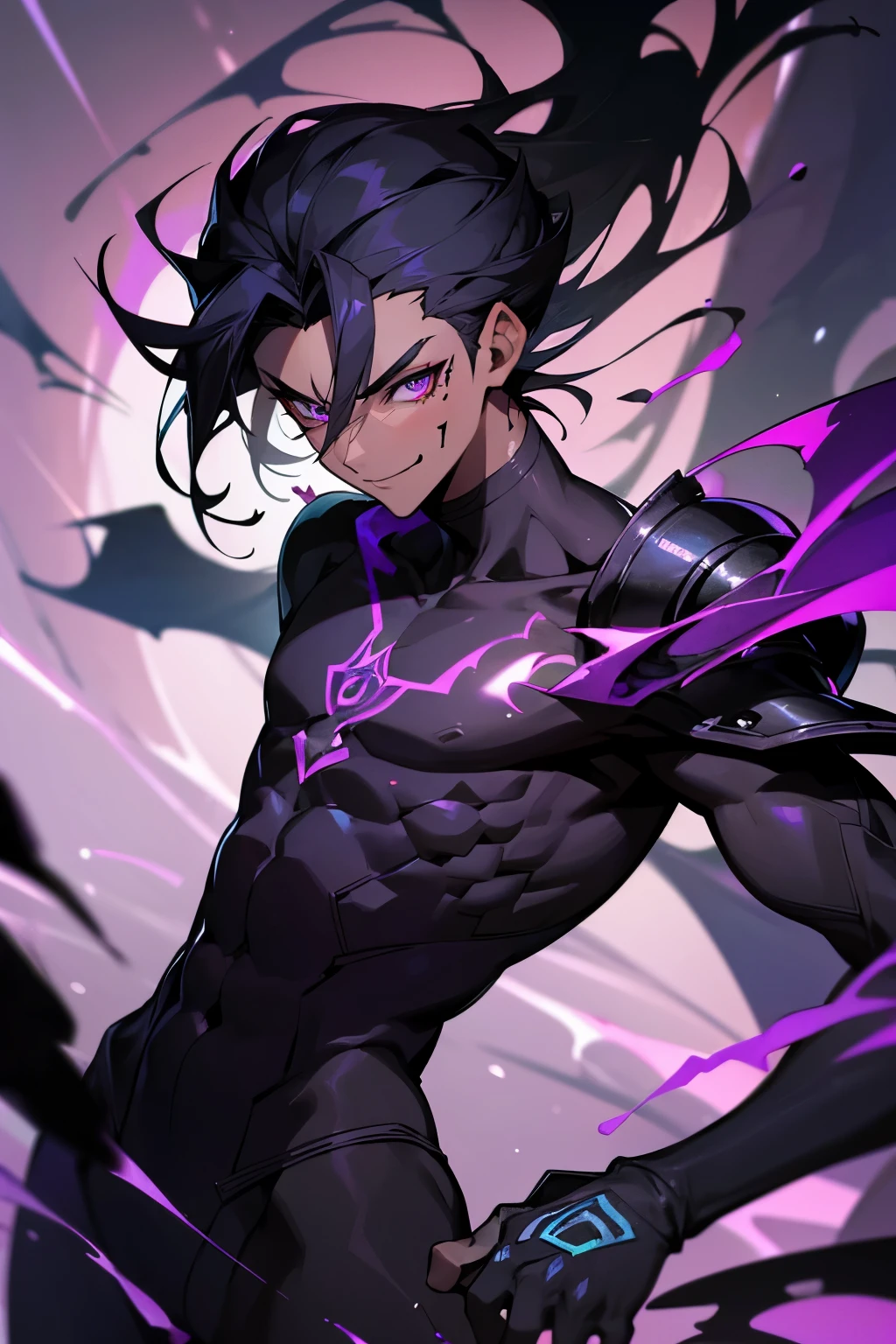 ((best quality)), ((masterpiece)), (detailed), male, sharp, angular features, dark complexion, teenager, toned body, purple eyes, wild jet-black hair, evil smirk, dark swirling tattoos of void energy across his body, wears a combination of modern clothing and voidkin armor