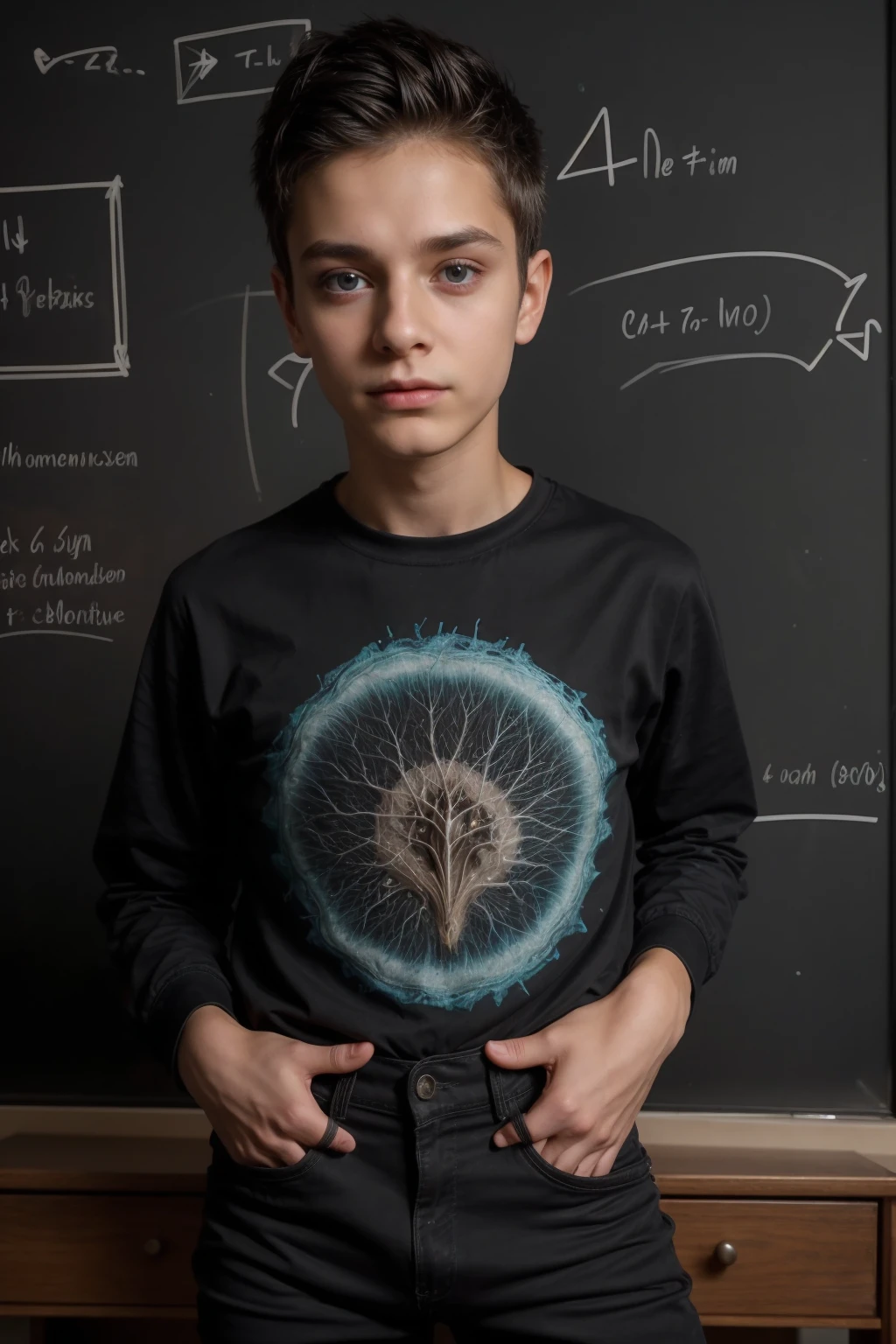 A beautiful young twink, cute male, with black hair and a face with makeup. He is wearing a long-sleeved aquamarine shirt and black jeans. He is in his luxurious scientific office, and behind him is a blackboard with neurons and calculus written on it, and he looks in amazement and shock with his eyes beneath it.  Dark circles