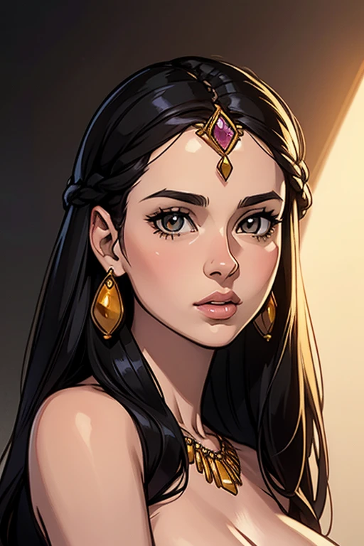 Realistic Photos, lip gloss, NSFW, drawing, Realistic, Best Quality, Super High Resolution, depth, Pastel color, Natural Shading, focus on face, Face only, looking at the scenes, 1girl, Dejah Thoris, topless, long hair, Black hair, Amber and well-detailed eyes, amber eyes, pale white skin, detailed wallpaper, looking into the camera, black background, calm look, elaborate jewelry in her hair