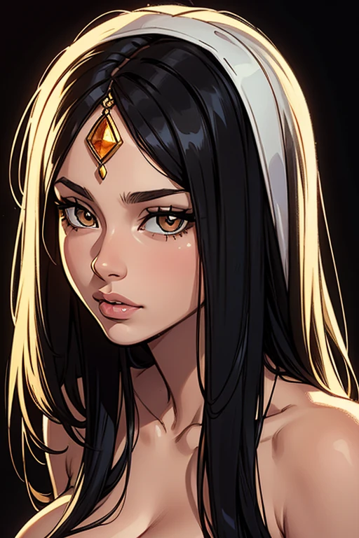 Realistic Photos, lip gloss, NSFW, drawing, Realistic, Best Quality, Super High Resolution, depth, Pastel color, Natural Shading, focus on face, Face only, looking at the scenes, 1girl, Dejah Thoris, topless, long hair, Black hair, Amber and well-detailed eyes, amber eyes, pale white skin, detailed wallpaper, looking into the camera, black background, calm look, elaborate jewelry in her hair