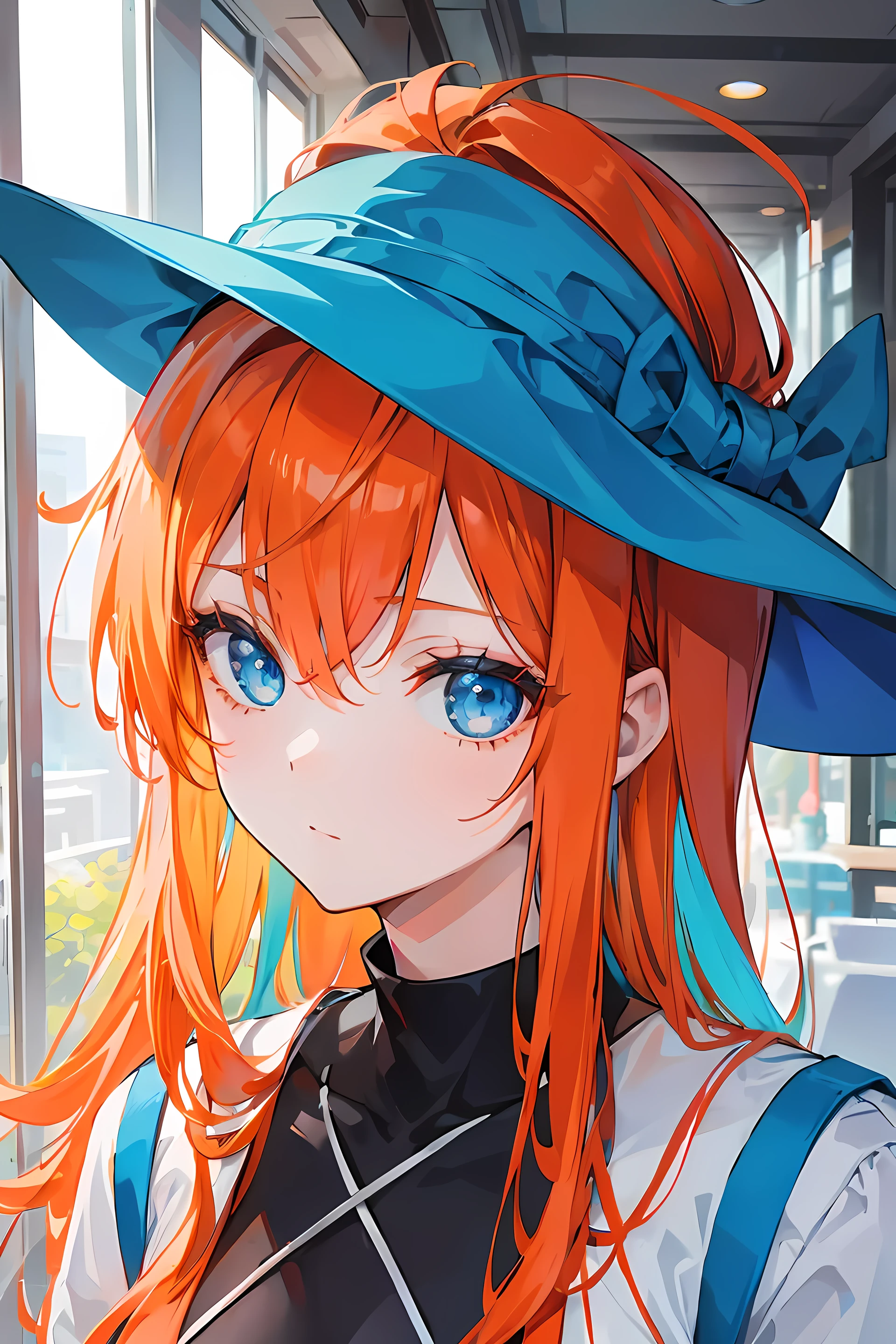 Orange hair, blue eyes, long hair, young girl, modern style, young girl