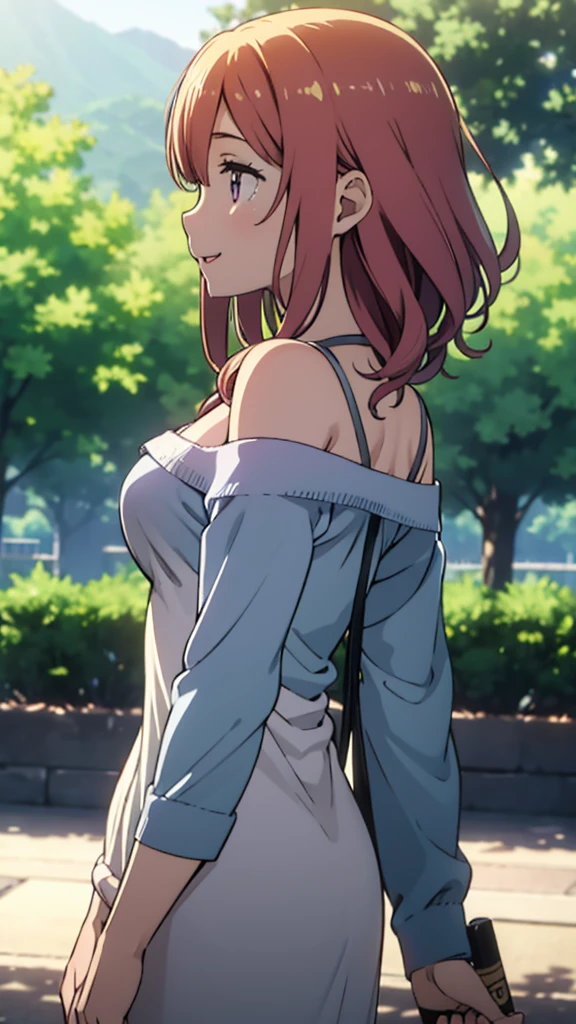 ((happy expression)), ((dropping eyes)),park background, middle breast, detailed face, highres, 1girl, 28yo, smile, good anatomy, soft focus, cinematic lighting, depth of field, profile shot