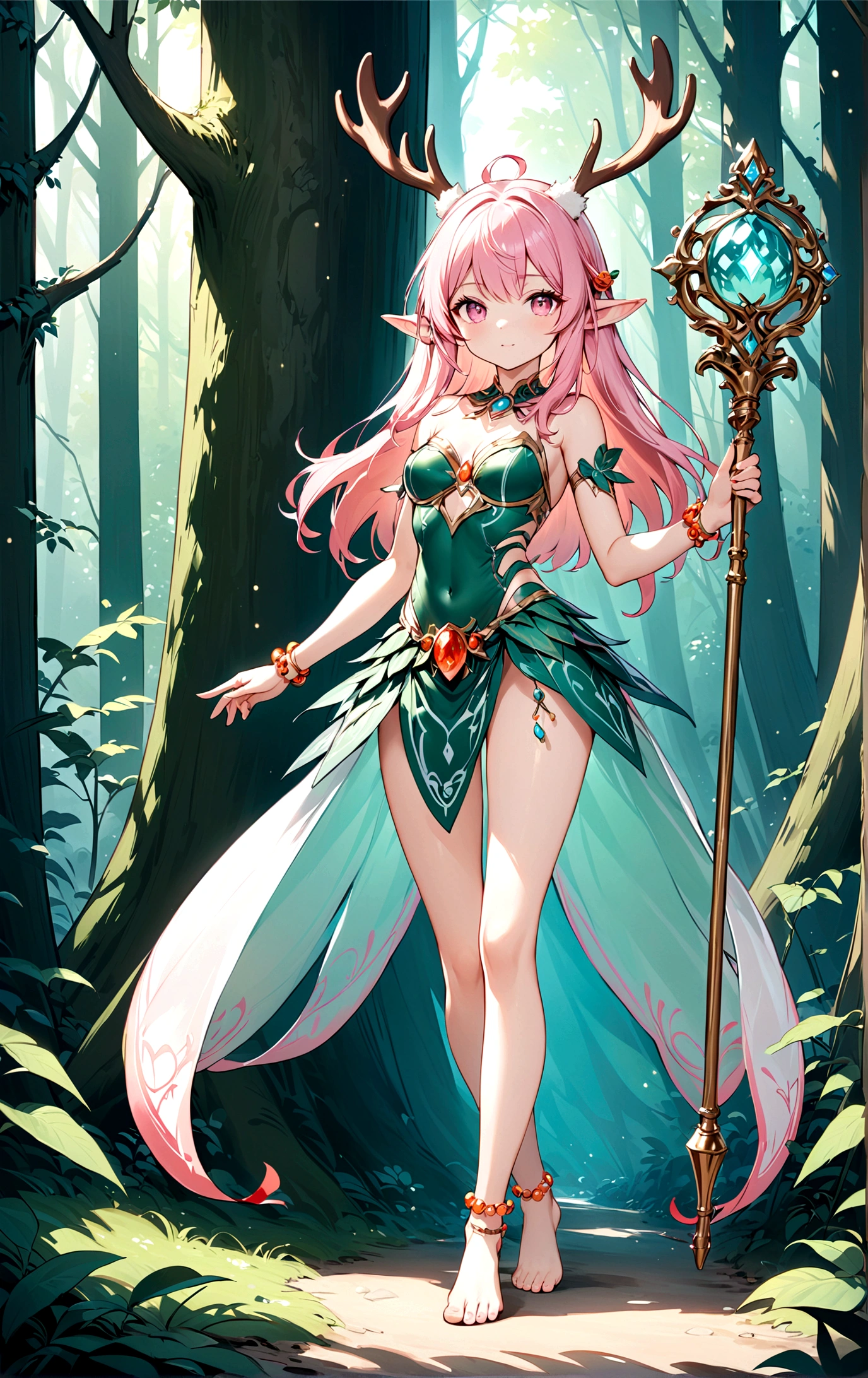 game character,Cartoon anime style,beautiful girl,Fluffy pink hair,Pink Eyes,antlers,Elf ears,Orange tulle short skirt,Metal gem-encrusted scepter glows,Slender legs,Standing barefoot,Bells on anklets。(((Correct human anatomy))),In the magic forest
