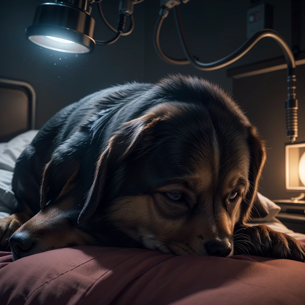 dog sleeping in a surgery bed with doctors watching over him, and his soul leaving his body in a brilliant and mystical way, deep color, realistic, wide screen, intricate detail, splash screen, complementary colors, realistic concept art, Unreal Engine 5 volumetric lighting", dynamic lighting hyperdetailed