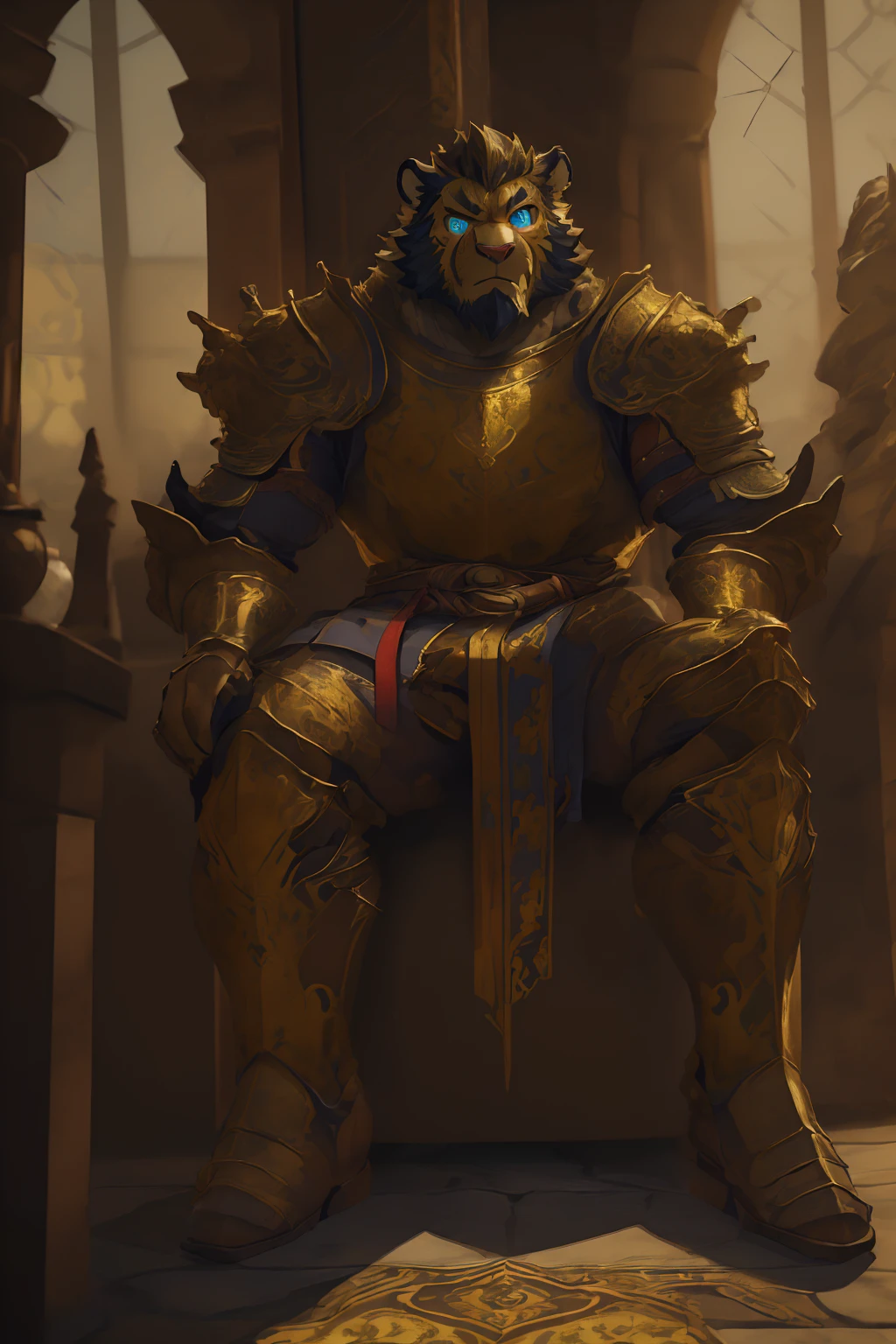 (Scarred body),(Medieval armor:1.5),king,16k high quality detailed art,(Medieval armor:1),(Golden Tiger:1.1), (((White and golden fur:1.5))),(Duotone),(A pair of eyes of different colors, One eye has a golden eye,The other eye has a blue eye:1.7),Both eyes are the same size:1.4),(Muscular body:1.3),Handsome,(OK),(Perfect face),(Exhausted:1.1),(Gold and white skin:1.3),(Full body description:1.3),Publaz, (Golden Tiger:1.1), (((Gold and white fur:1.3))),Handsome, (OK),Express,(Royal Palace Background),(Frightened expressions:1.3),(Golden Tiger tail),不同的Express,(A perfect masterpiece),(32k),(Abdominal muscles:1.3),(((middle aged:1.4))),(36 years old),(Gold Stripes),alone,(Black sideburns:1.2),(black beard:1.3),(Black Chin:1.3),(golden face pattern:1),(Very rich facial details:1.3),(Strong),(Mighty pose:1.3),Front view,(CG),(HD),(Black hair),Clothes are messy,Full body portrait,(Detailed background:1.3)