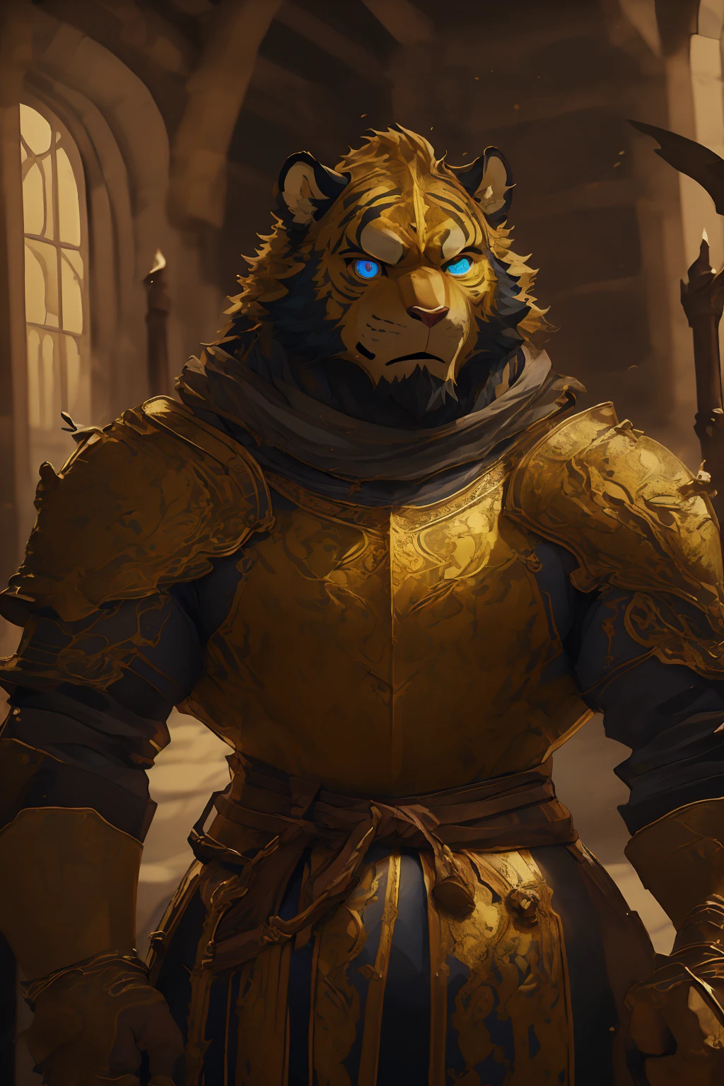 (Scarred body),(Medieval armor:1.5),king,16k high quality detailed art,(Medieval armor:1),(Golden Tiger:1.1), (((White and golden fur:1.5))),(Duotone),(A pair of eyes of different colors, One eye has a golden eye,The other eye has a blue eye:1.7),Both eyes are the same size:1.4),(Muscular body:1.3),Handsome,(OK),(Perfect face),(Exhausted:1.1),(Gold and white skin:1.3),(Full body description:1.3),Publaz, (Golden Tiger:1.1), (((Gold and white fur:1.3))),Handsome, (OK),Express,(Royal Palace Background),(Frightened expressions:1.3),(Golden Tiger tail),不同的Express,(A perfect masterpiece),(32k),(Abdominal muscles:1.3),(((middle aged:1.4))),(36 years old),(Gold Stripes),alone,(Black sideburns:1.2),(black beard:1.3),(Black Chin:1.3),(golden face pattern:1),(Very rich facial details:1.3),(Strong),(Mighty pose:1.3),Front view,(CG),(HD),(Black hair),Clothes are messy,Full body portrait,(Detailed background:1.3)