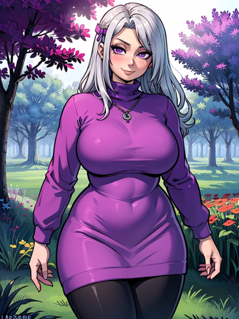 high_aesthetic,art by Lazorchef, ((Masterpiece, best quality, perfect lighting, amazing shading)), perfect anatomy, field of depth, extremely beautiful, long silver hair, hair ribbons, purple eyes, turtleneck sweater dress, leggings, cute smile, blushing, (cowboy shot), (elegant pose), simple background