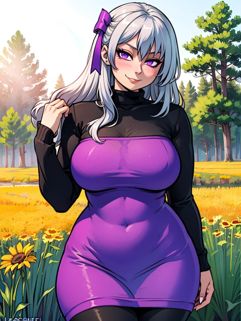 high_aesthetic,art by Lazorchef, ((Masterpiece, best quality, perfect lighting, amazing shading)), perfect anatomy, field of depth, extremely beautiful, long silver hair, hair ribbons, purple eyes, turtleneck sweater dress, leggings, cute smile, blushing, (cowboy shot), (elegant pose), simple background